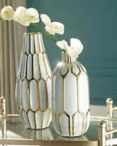 A2Z Furniture - Ashley Furniture - Mohsen Vase - Vase Set (Set of 2) / Gold Finish/White - A2000135