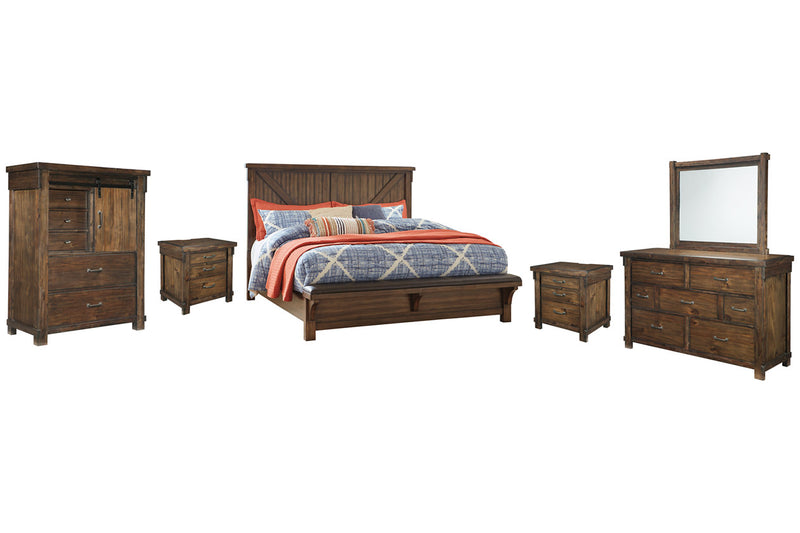 Lakeleigh Califorina King Panel Bed with Upholstered Bench with Mirrored Dresser, Chest and 2 NightstandsBedroom Packages