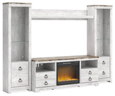 A2Z Furniture - Ashley Furniture - Willowton 4-Piece Entertainment Center with Electric Fireplace - 4-Piece Entertainment Center with Electric Fireplace / Whitewash - W267W4