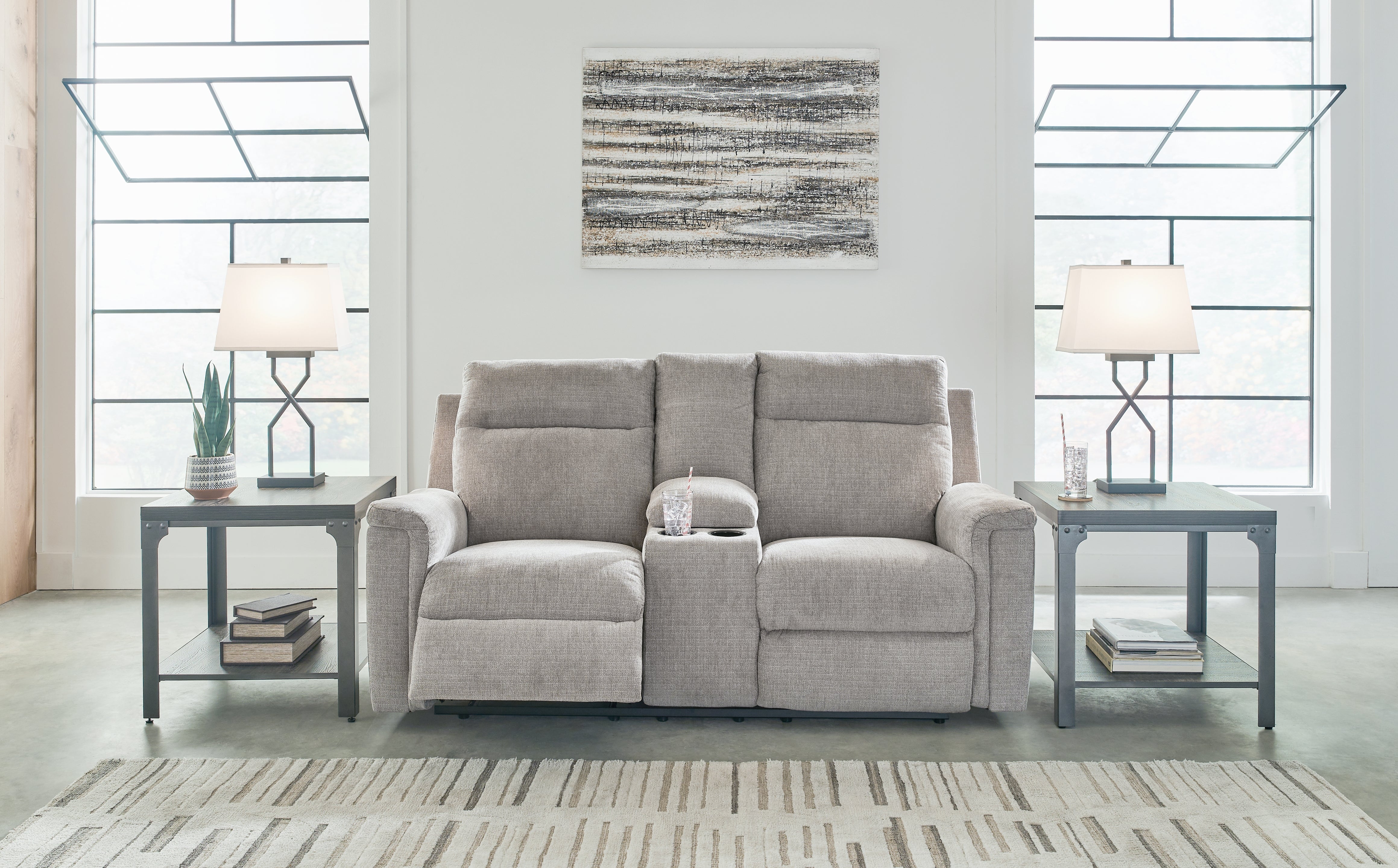 A2Z Furniture - Ashley Furniture - Barnsana Living Room - DBL REC PWR Loveseat w/Console / Ash - 3320196
