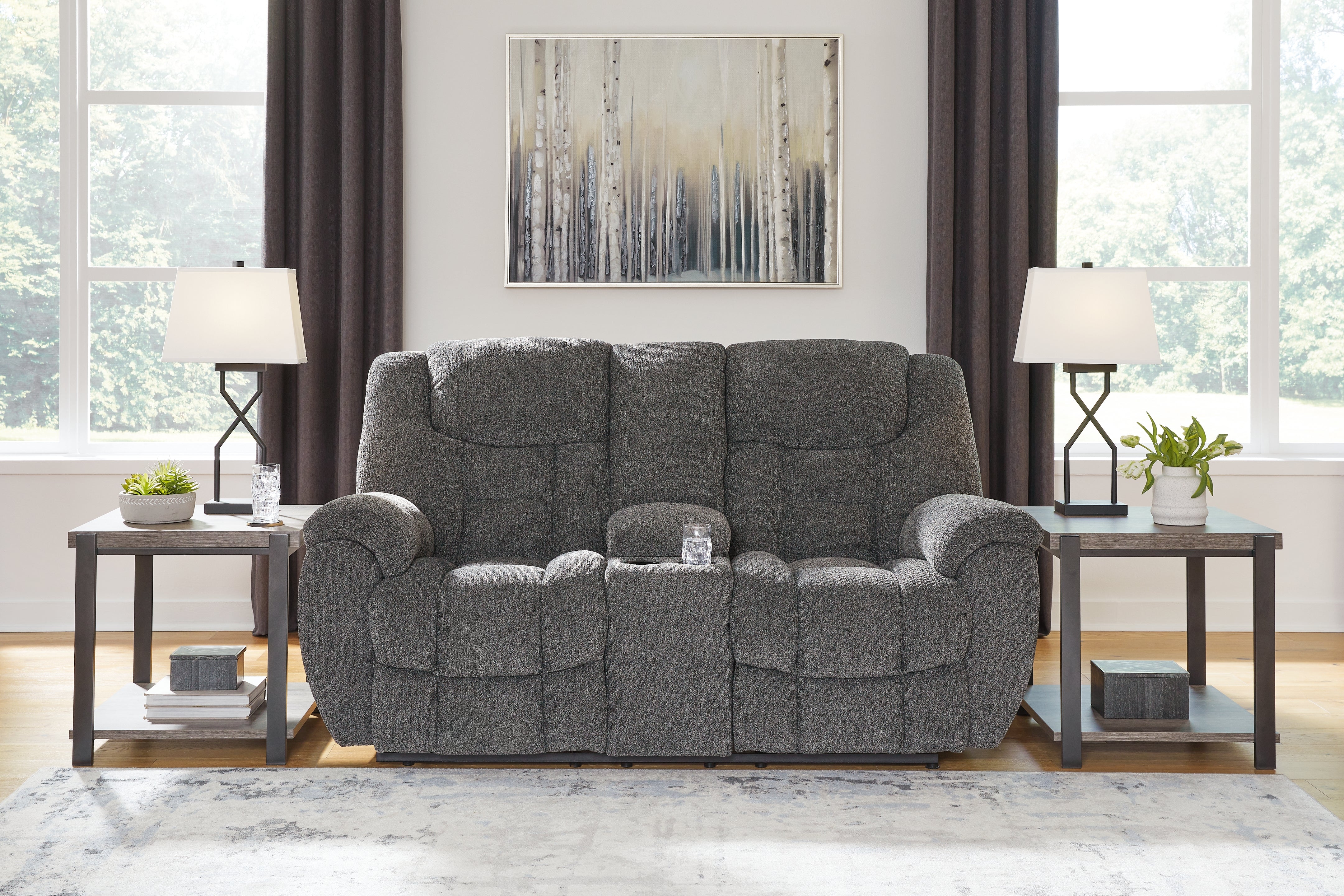 A2Z Furniture - Ashley Furniture - Foreside Living Room - DBL Rec Loveseat w/Console / Charcoal - 3810494