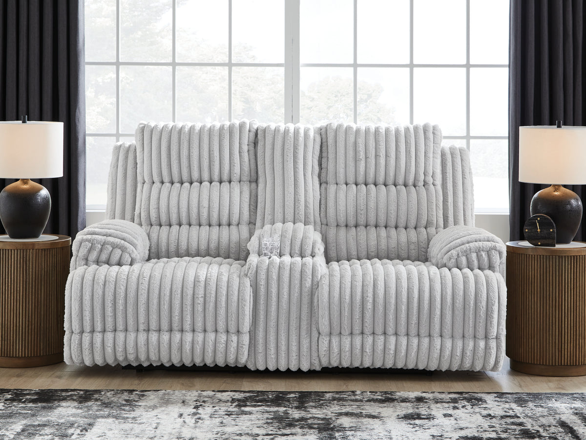 A2Z Furniture - Ashley Furniture - Rhines Falls Living Room - DBL REC PWR Loveseat w/Console / Alloy - PC4280496