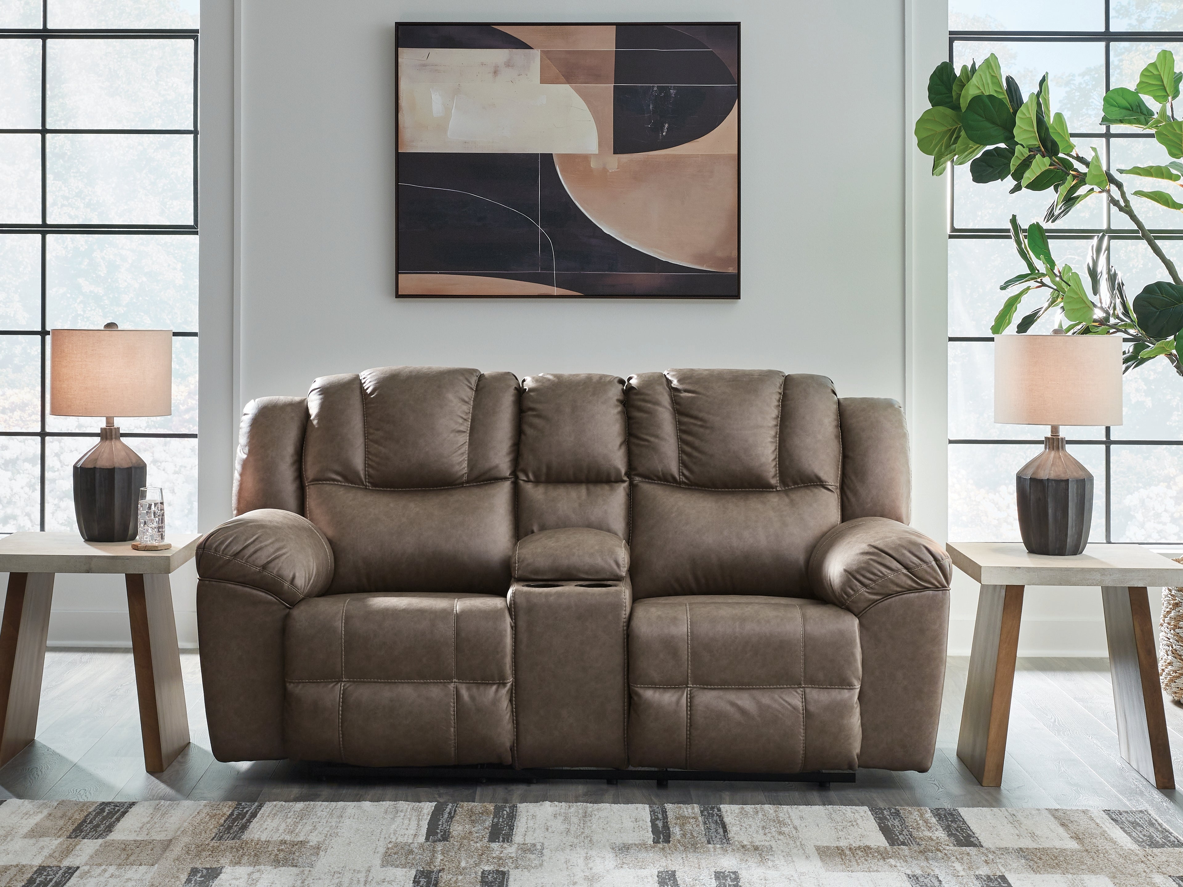 A2Z Furniture - Ashley Furniture - Lowilla Living Room - DBL Rec Loveseat w/Console / Driftwood - PC6450694