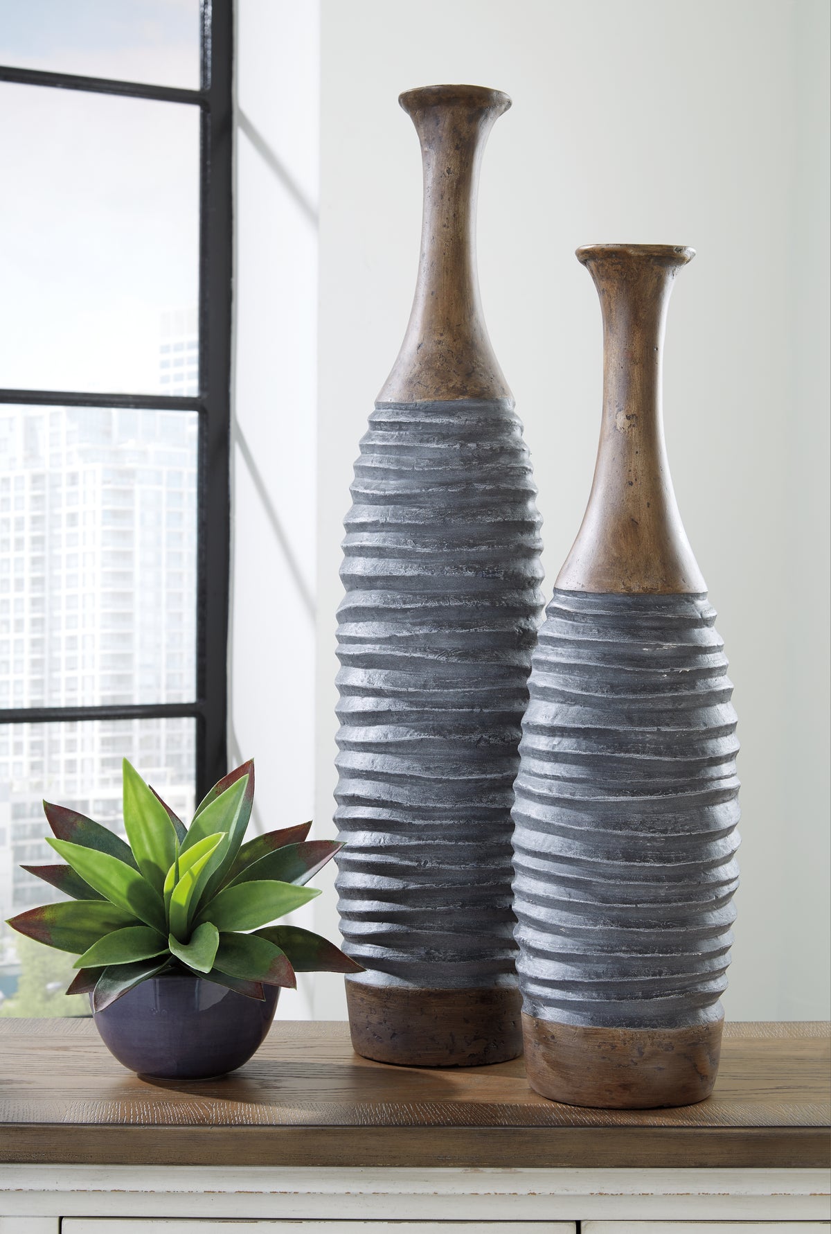 A2Z Furniture - Ashley Furniture - Blayze Vase - Vase Set (Set of 2) / Antique Gray/Brown - A2000388