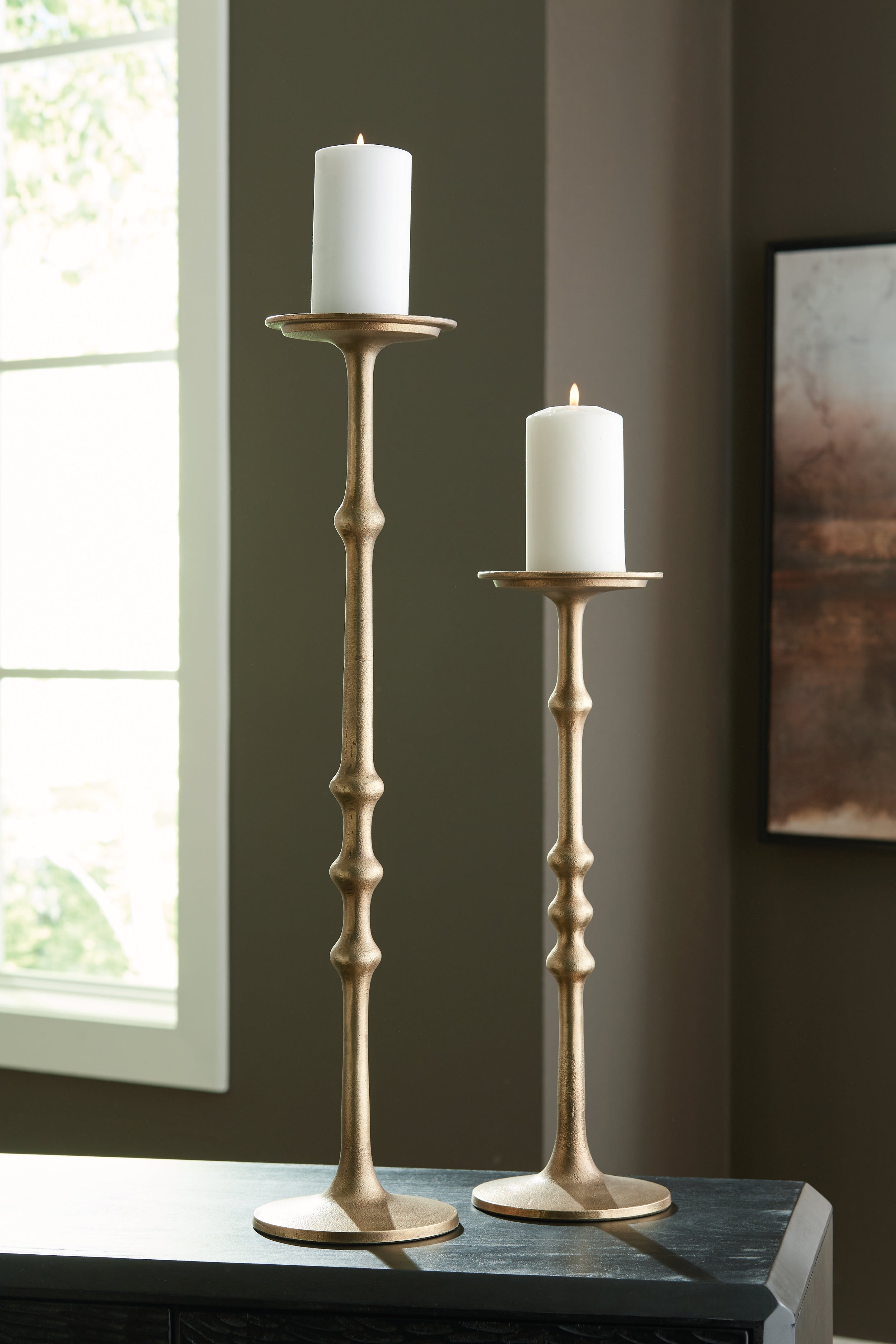 A2Z Furniture - Ashley Furniture - Larwick Candle Holder - Candle Holder Set (Set of 2) / Antique Brass Finish - A2000683