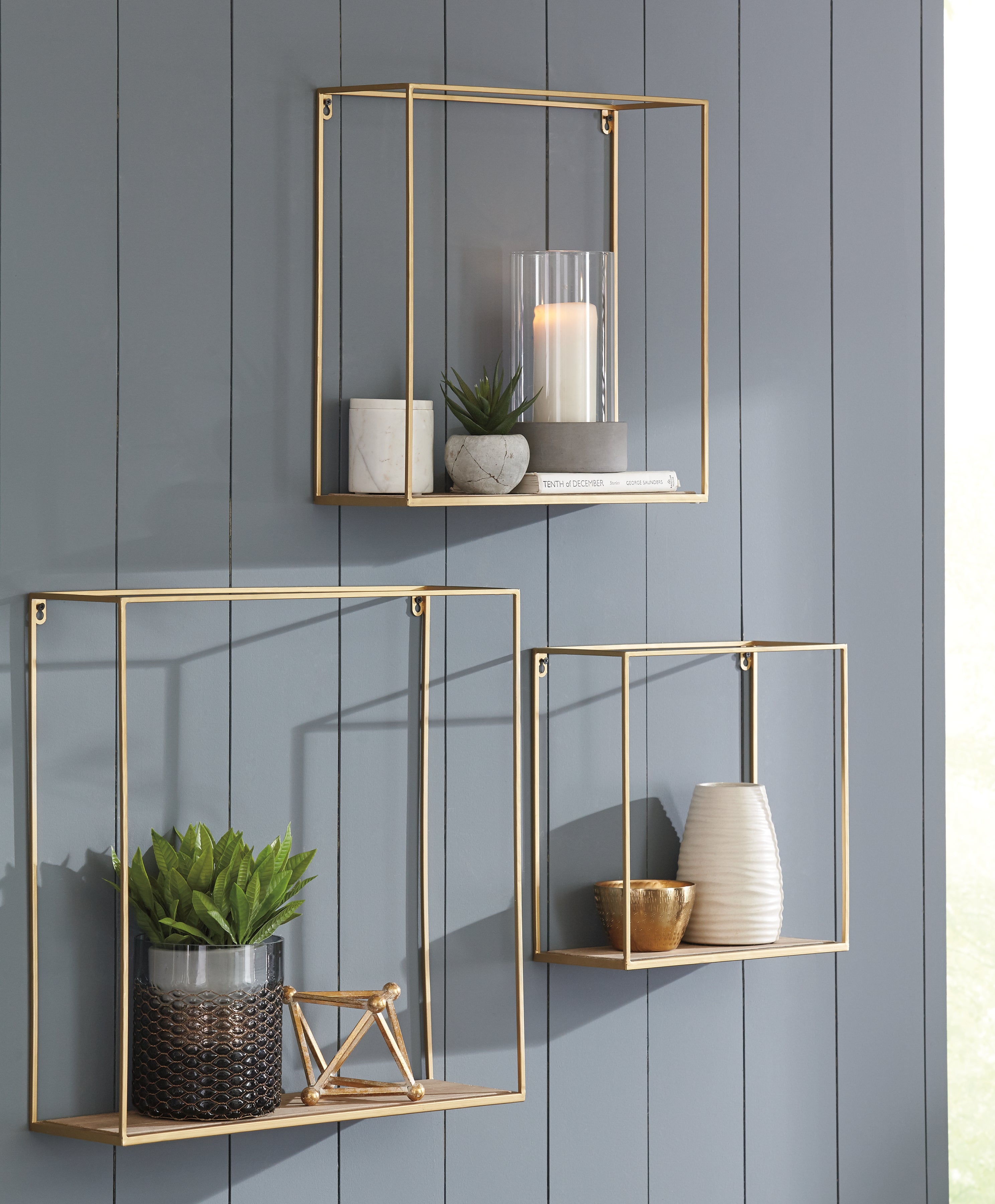 A2Z Furniture - Ashley Furniture - Efharis Wall Decor - Wall Shelf Set (3/CN) / Natural/Gold Finish - A8010107