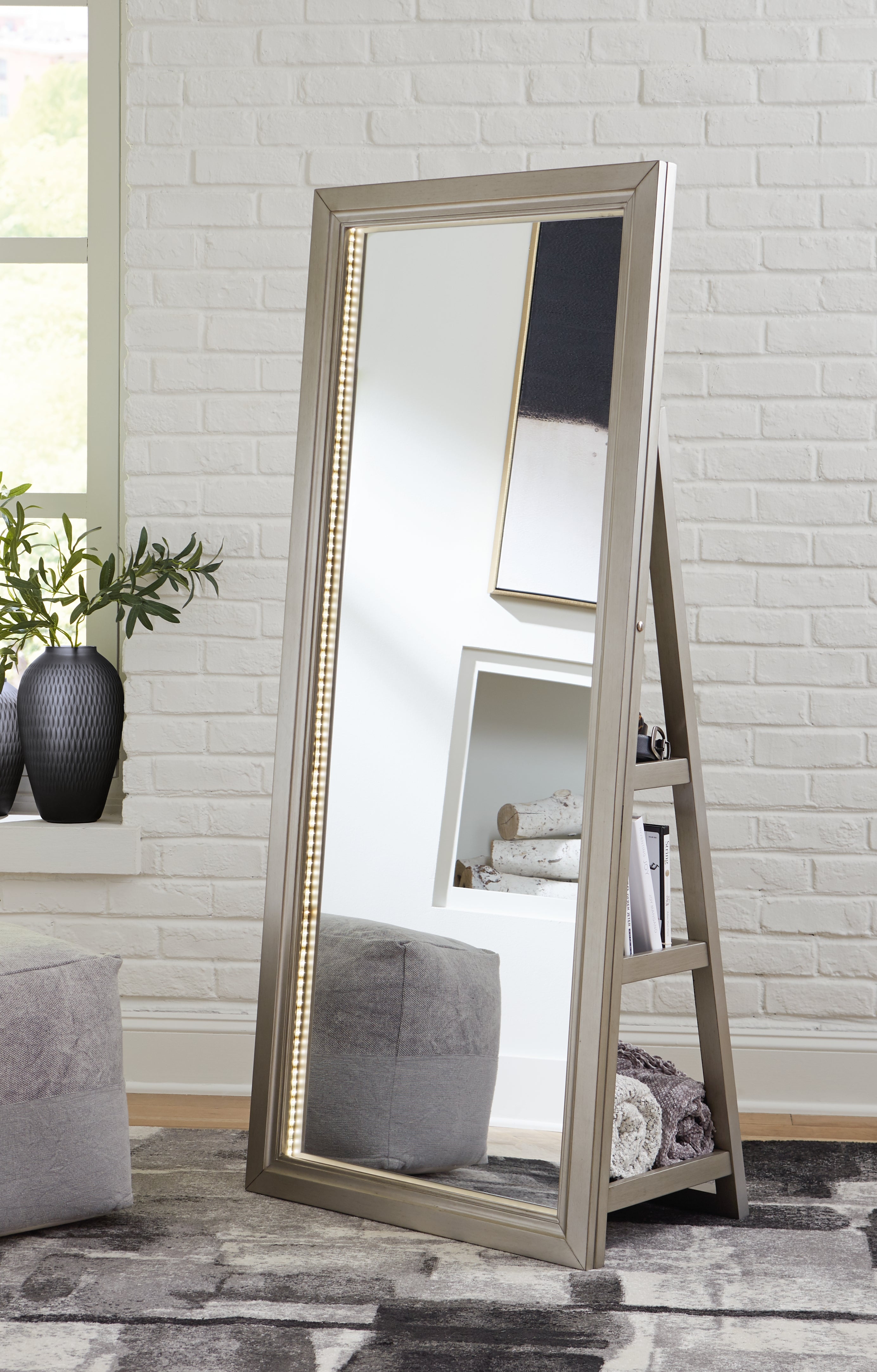 A2Z Furniture - Ashley Furniture - Evesen Mirror - Floor Standing Mirror/Storage / Black - A8010384