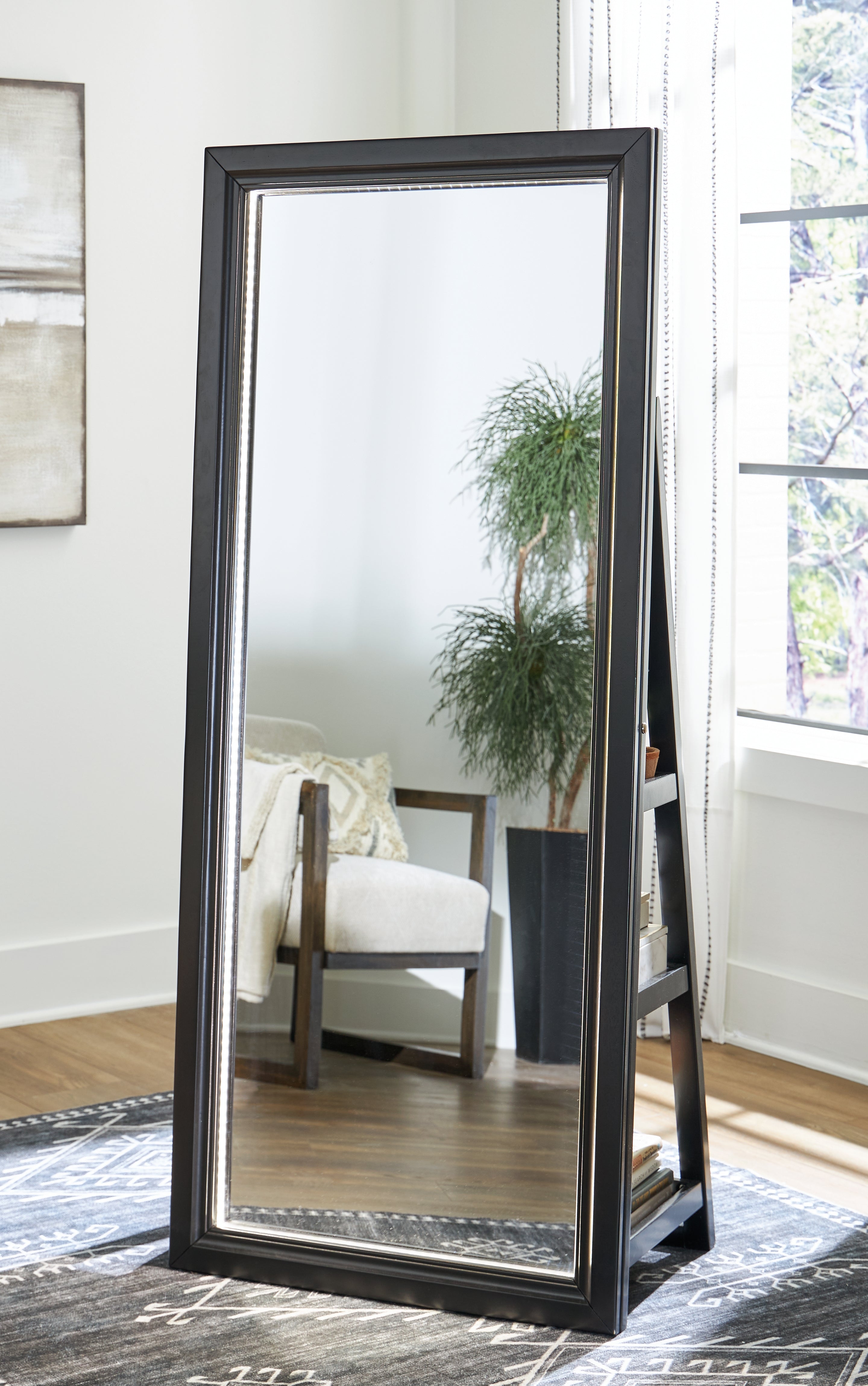 A2Z Furniture - Ashley Furniture - Evesen Mirror - Floor Standing Mirror/Storage / Black - A8010384