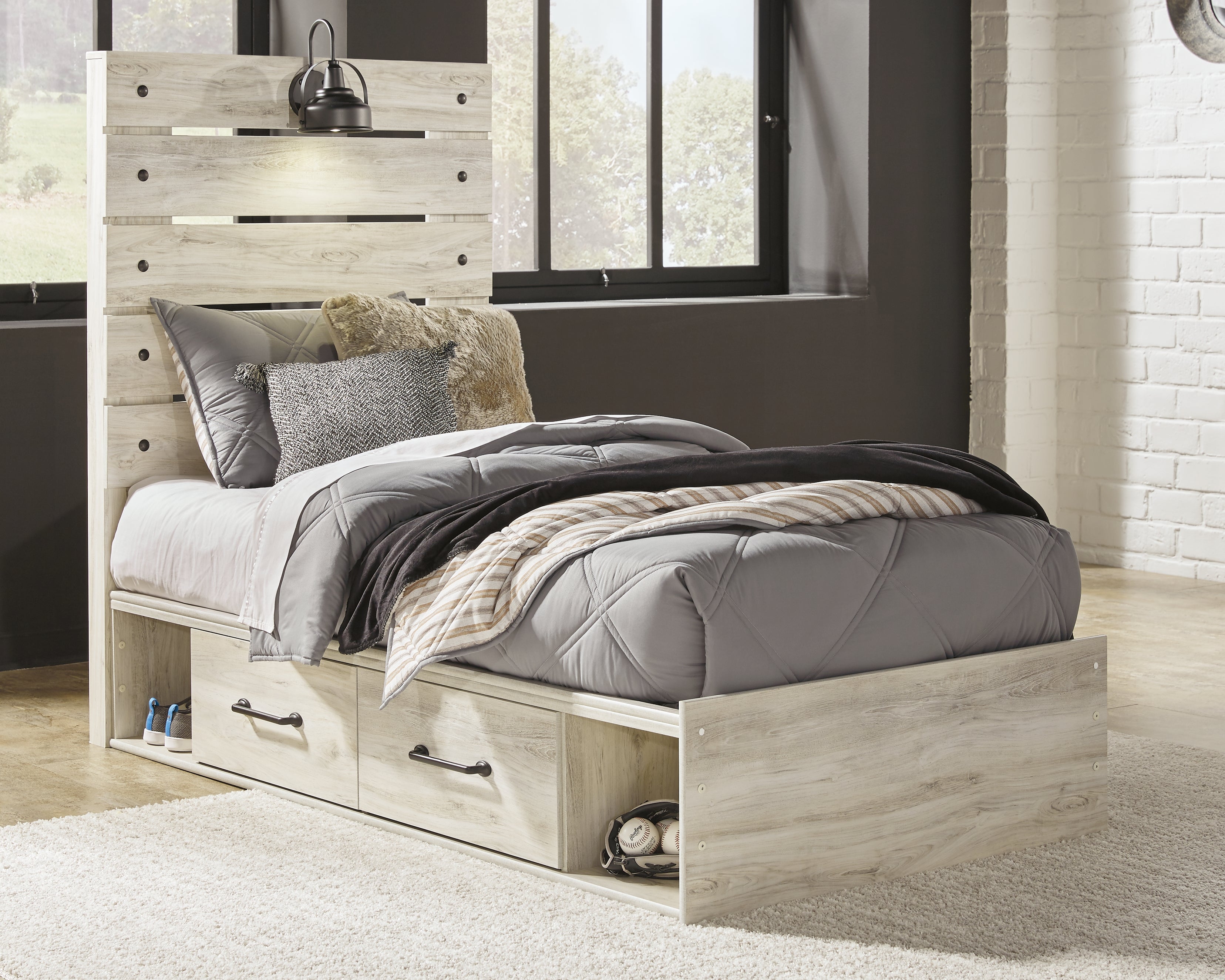A2Z Furniture - Ashley Furniture - Cambeck Bedroom - Twin Panel Bed with 2 Storage Drawers / Whitewash - B192B13