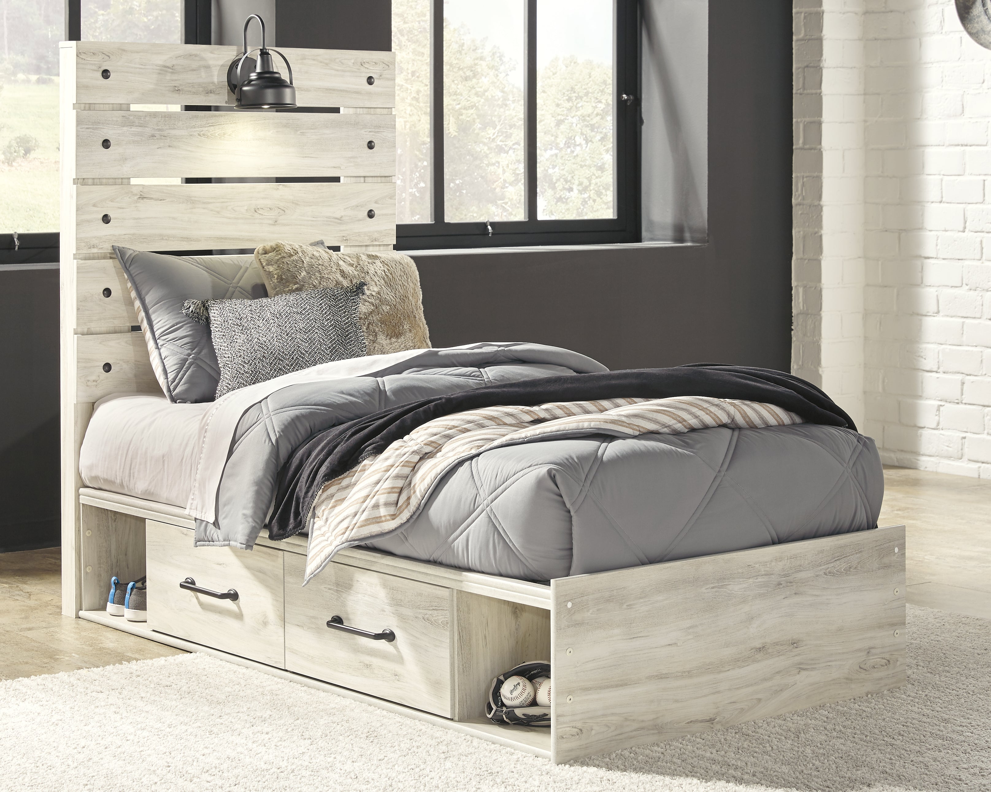 A2Z Furniture - Ashley Furniture - Cambeck Bedroom - Twin Panel Bed with 4 Storage Drawers / Whitewash - B192B21