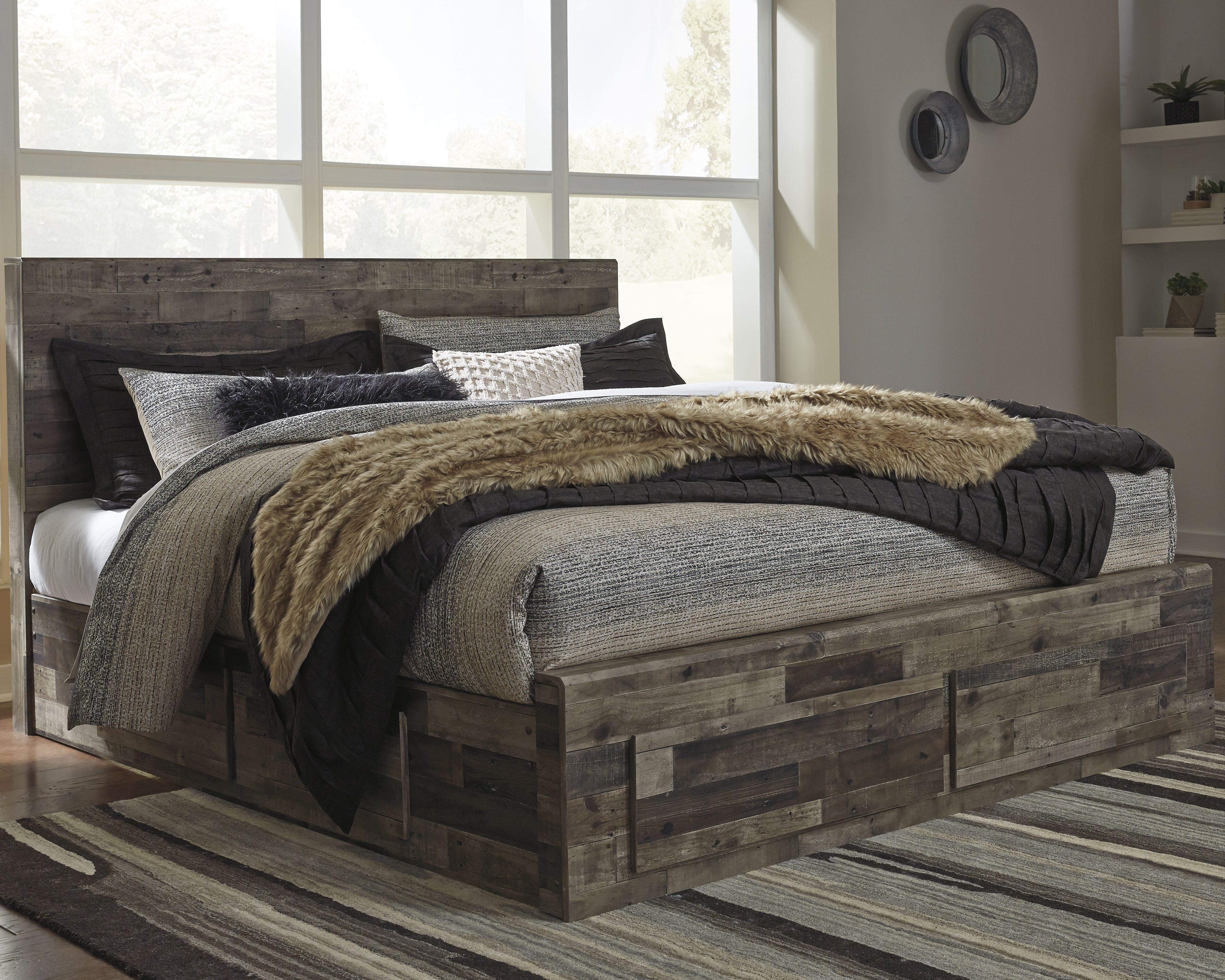 A2Z Furniture - Ashley Furniture - Derekson Bedroom - King Panel Bed with 4 Storage Drawers / Multi Gray - B200B19