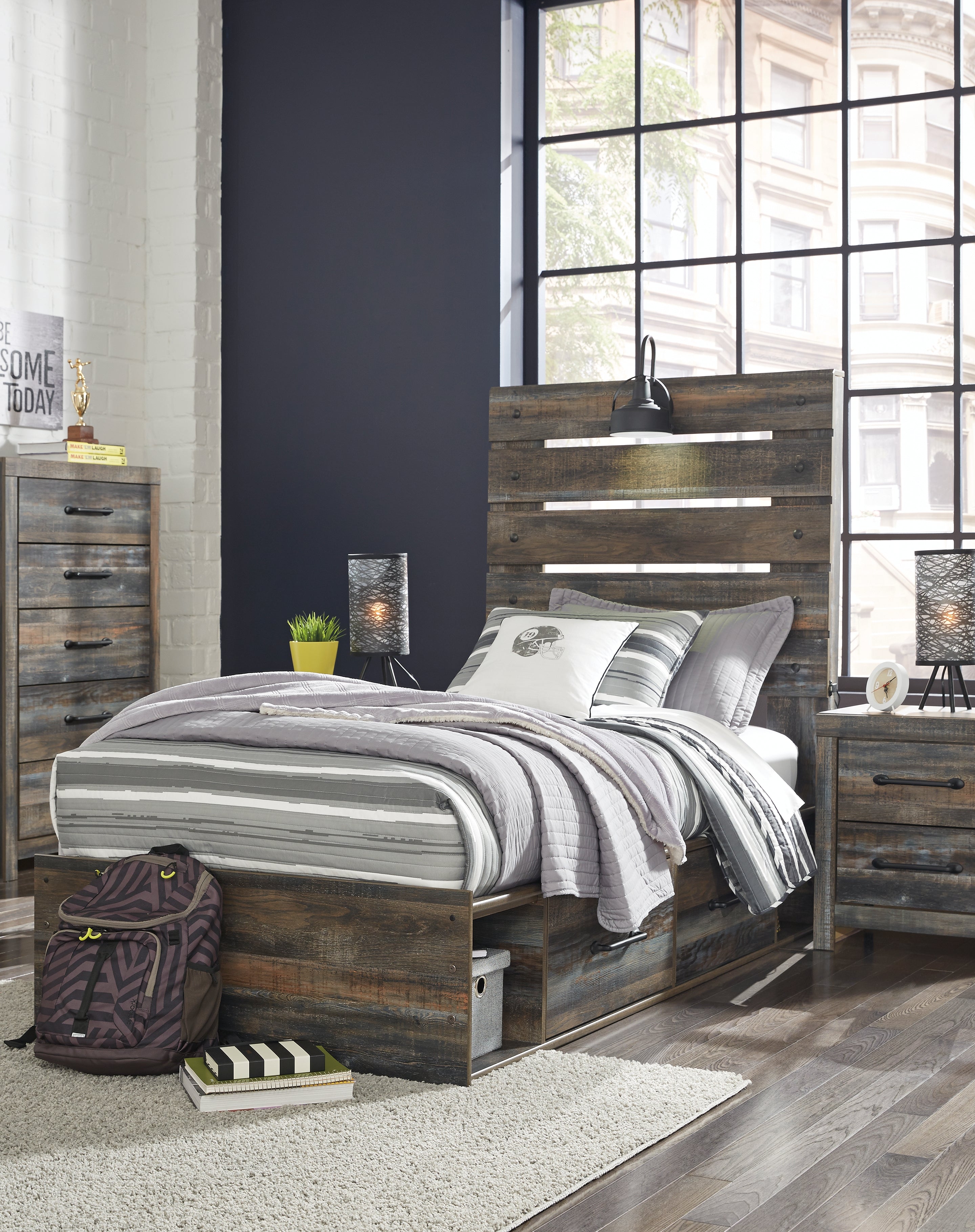 A2Z Furniture - Ashley Furniture - Drystan Bedroom - Twin Panel Bed with 2 Storage Drawers / Multi - B211B8