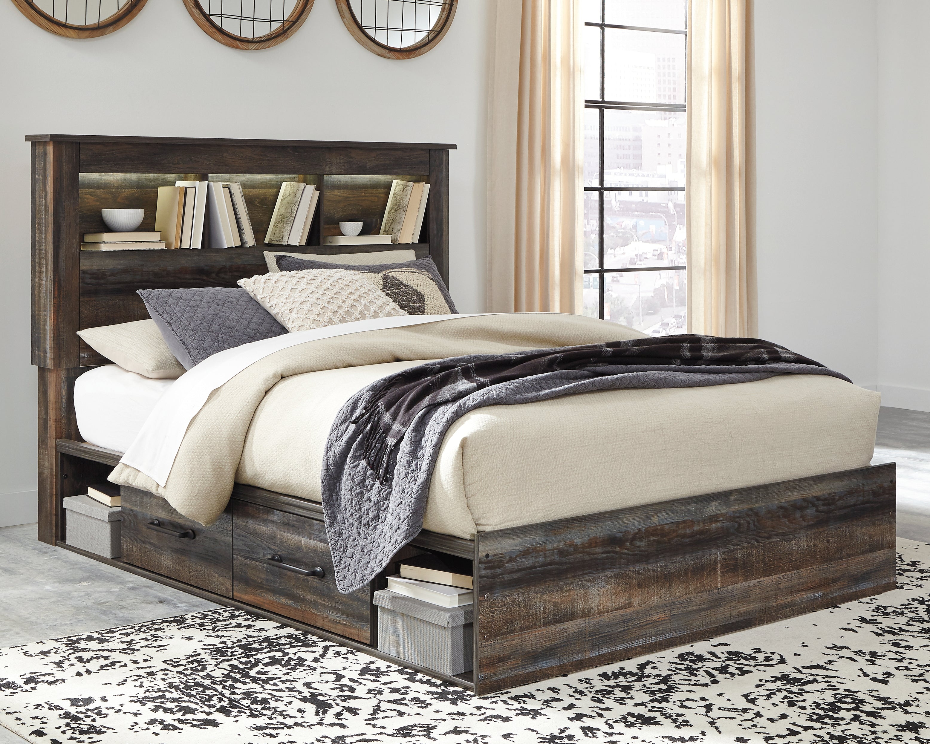 A2Z Furniture - Ashley Furniture - Drystan Bedroom - Queen Bookcase Bed with 4 Storage Drawers / Multi - B211B18