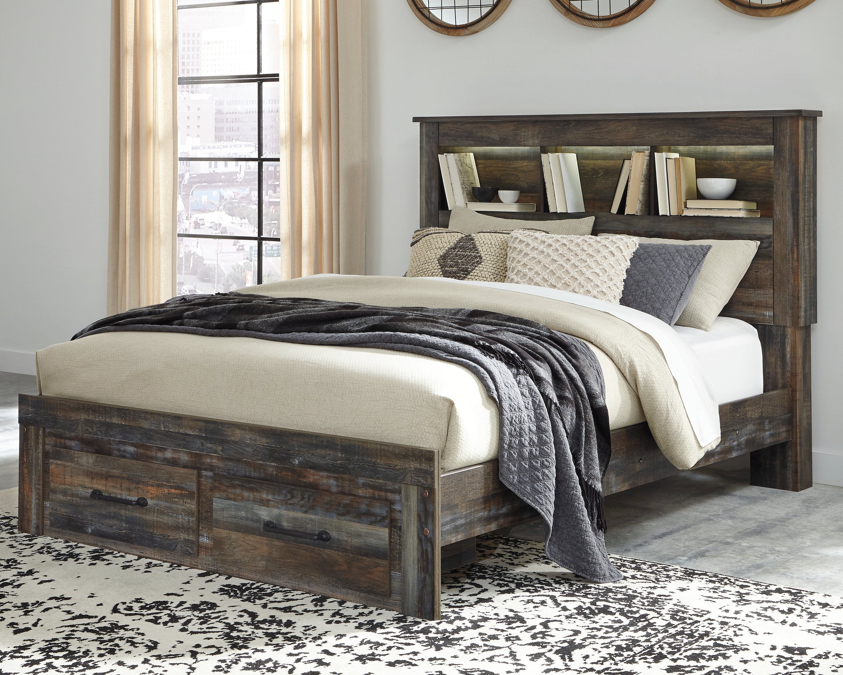 A2Z Furniture - Ashley Furniture - Drystan Bedroom - Queen Bookcase Bed with 2 Storage Drawers / Multi - B211B23