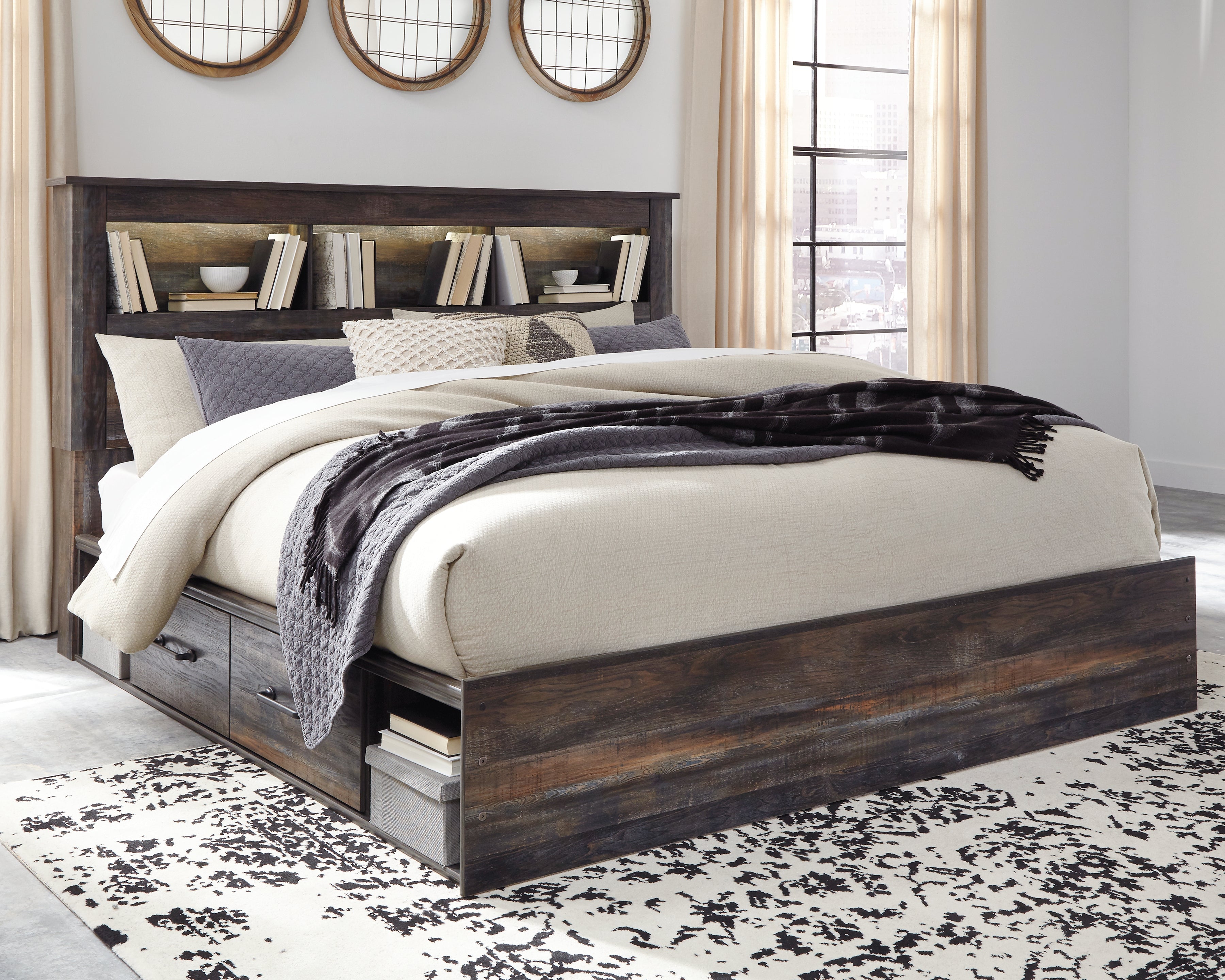 A2Z Furniture - Ashley Furniture - Drystan Bedroom - King Bookcase Bed with 4 Storage Drawers / Multi - B211B52