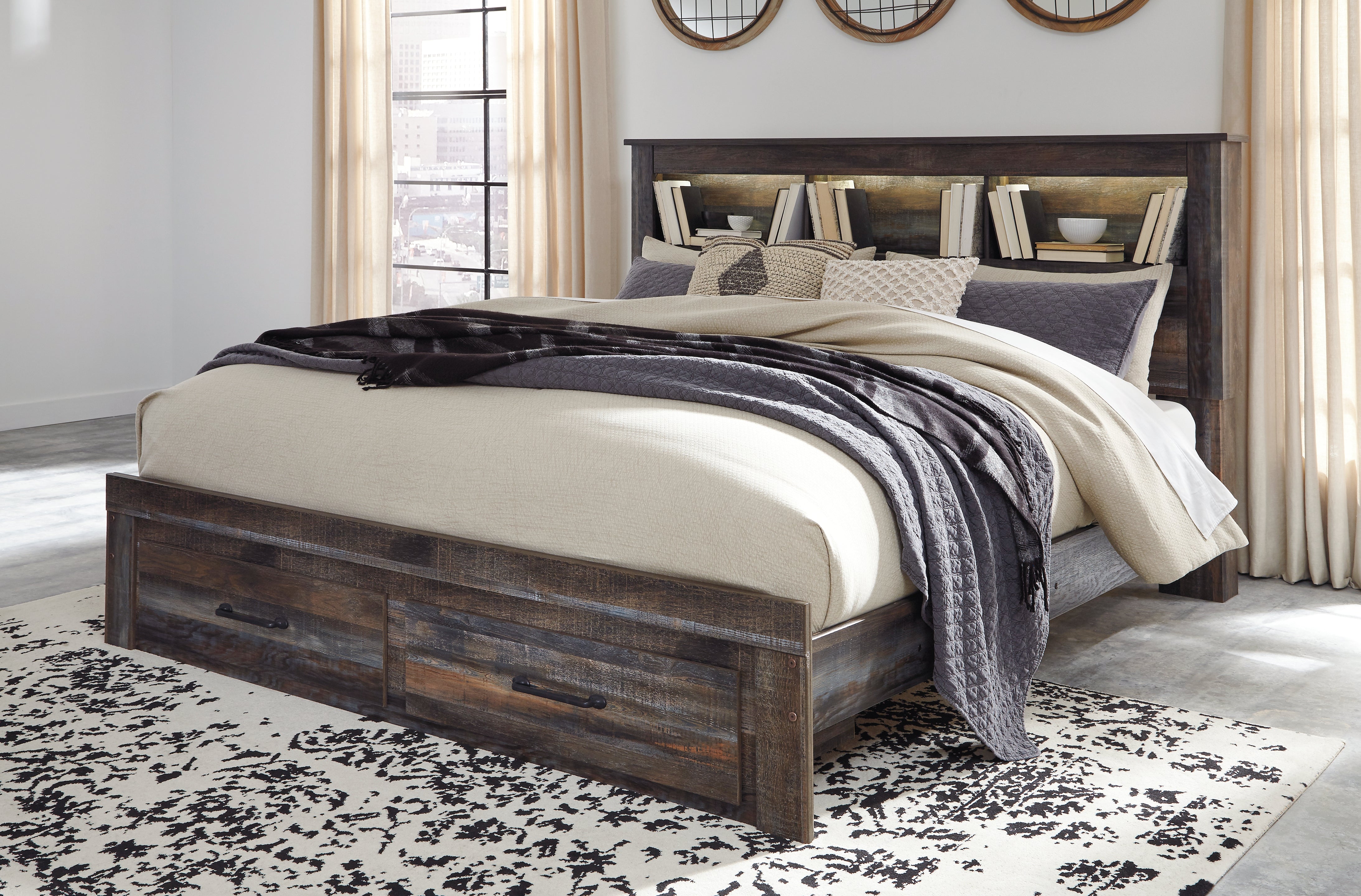 A2Z Furniture - Ashley Furniture - Drystan Bedroom - King Bookcase Bed with 2 Storage Drawers / Multi - B211B27