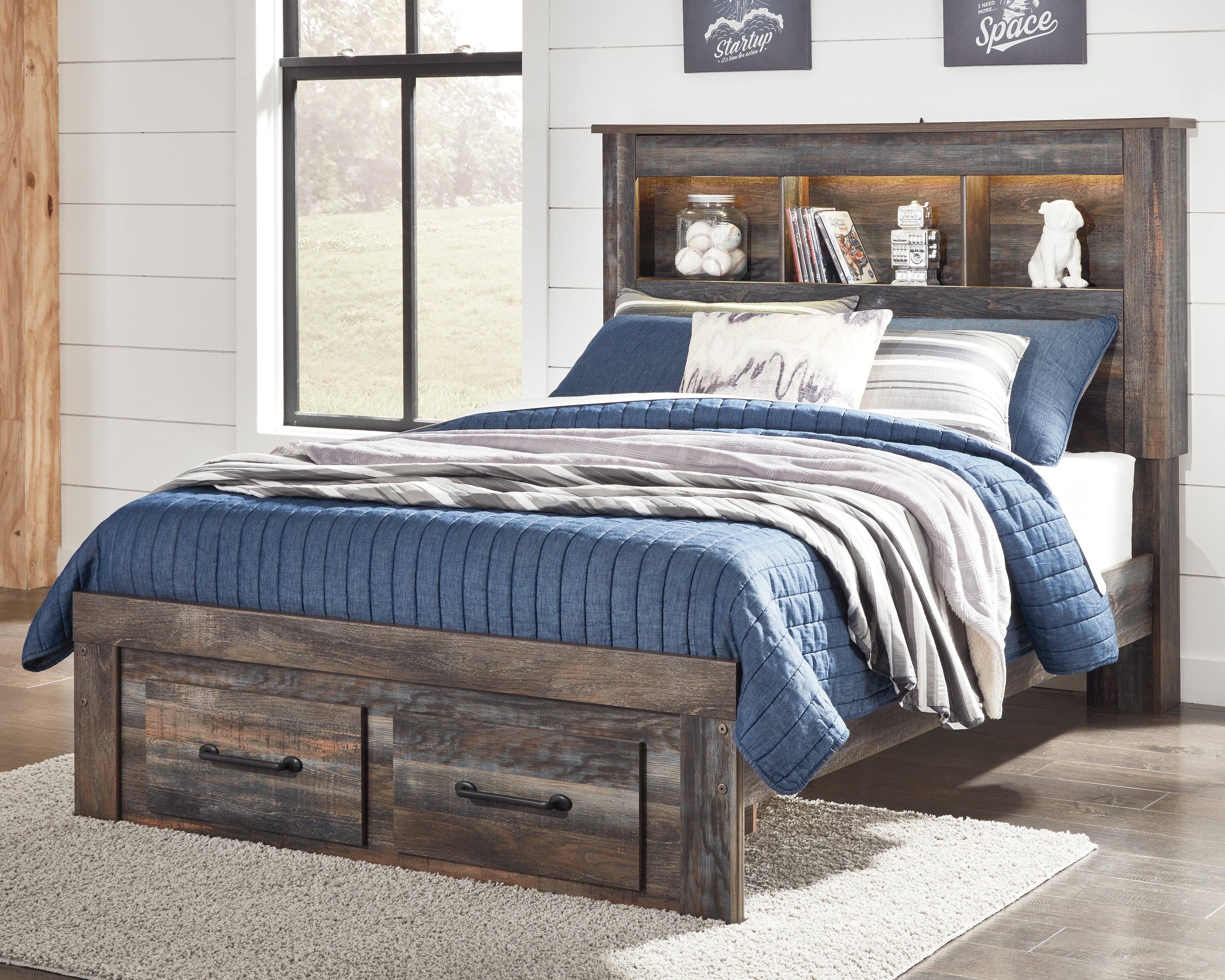 A2Z Furniture - Ashley Furniture - Drystan Bedroom - Full Bookcase Bed with 2 Storage Drawers / Multi - B211B21