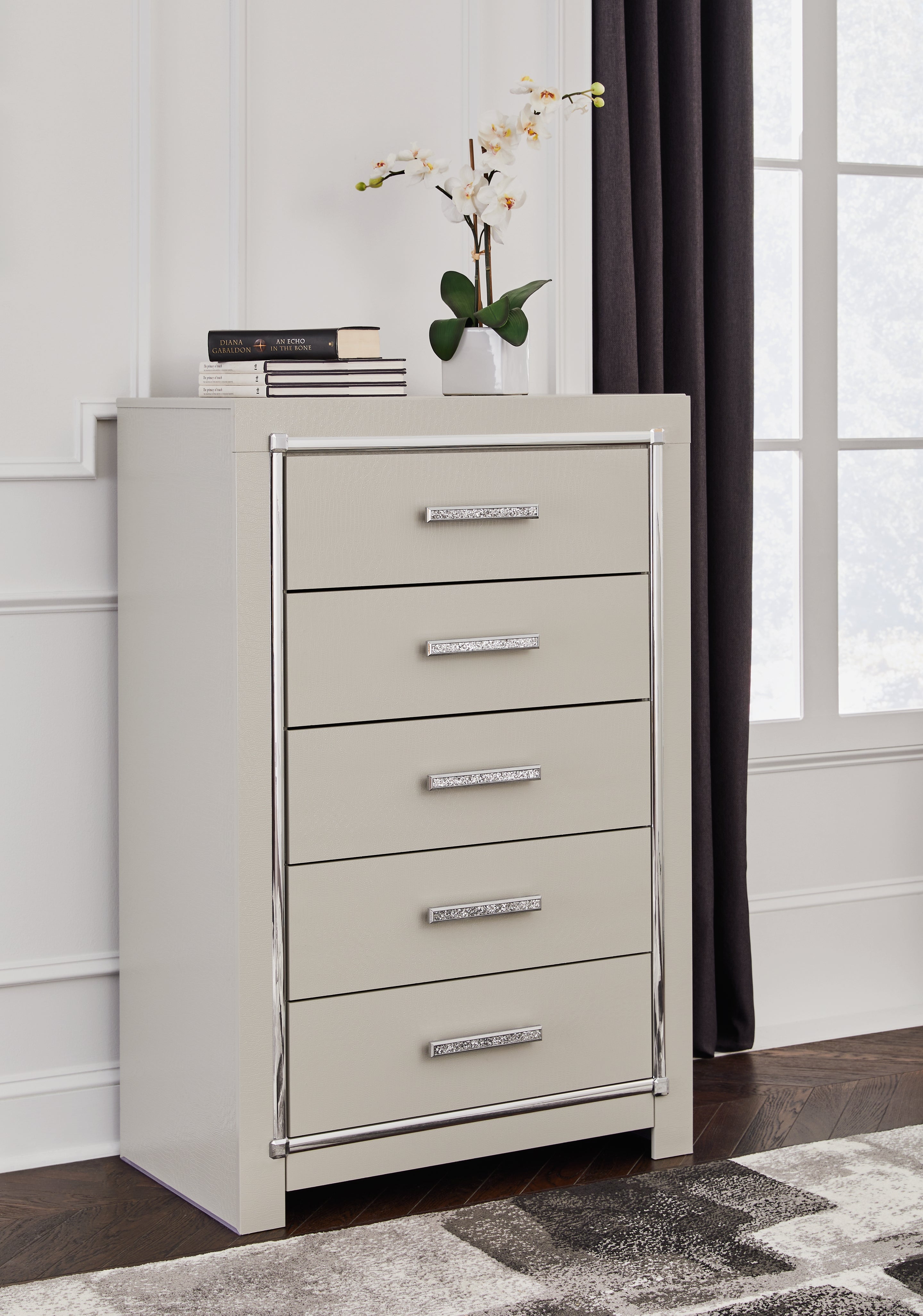A2Z Furniture - Ashley Furniture - Zyniden Bedroom - Five Drawer Chest / Silver - B2114-46