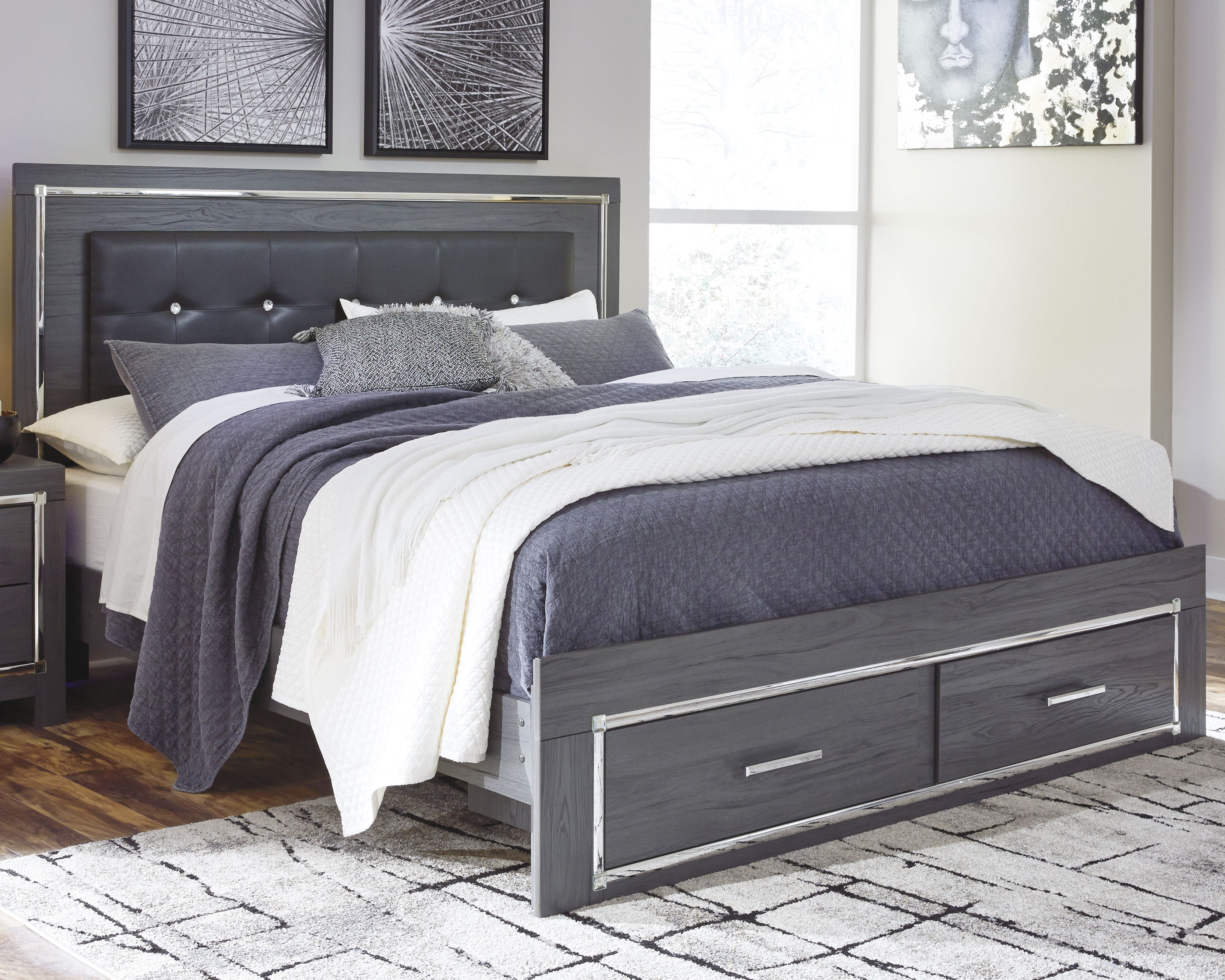 A2Z Furniture - Ashley Furniture - Lodanna Bedroom - King Panel Bed with 2 Storage Drawers / Gray - B214B11