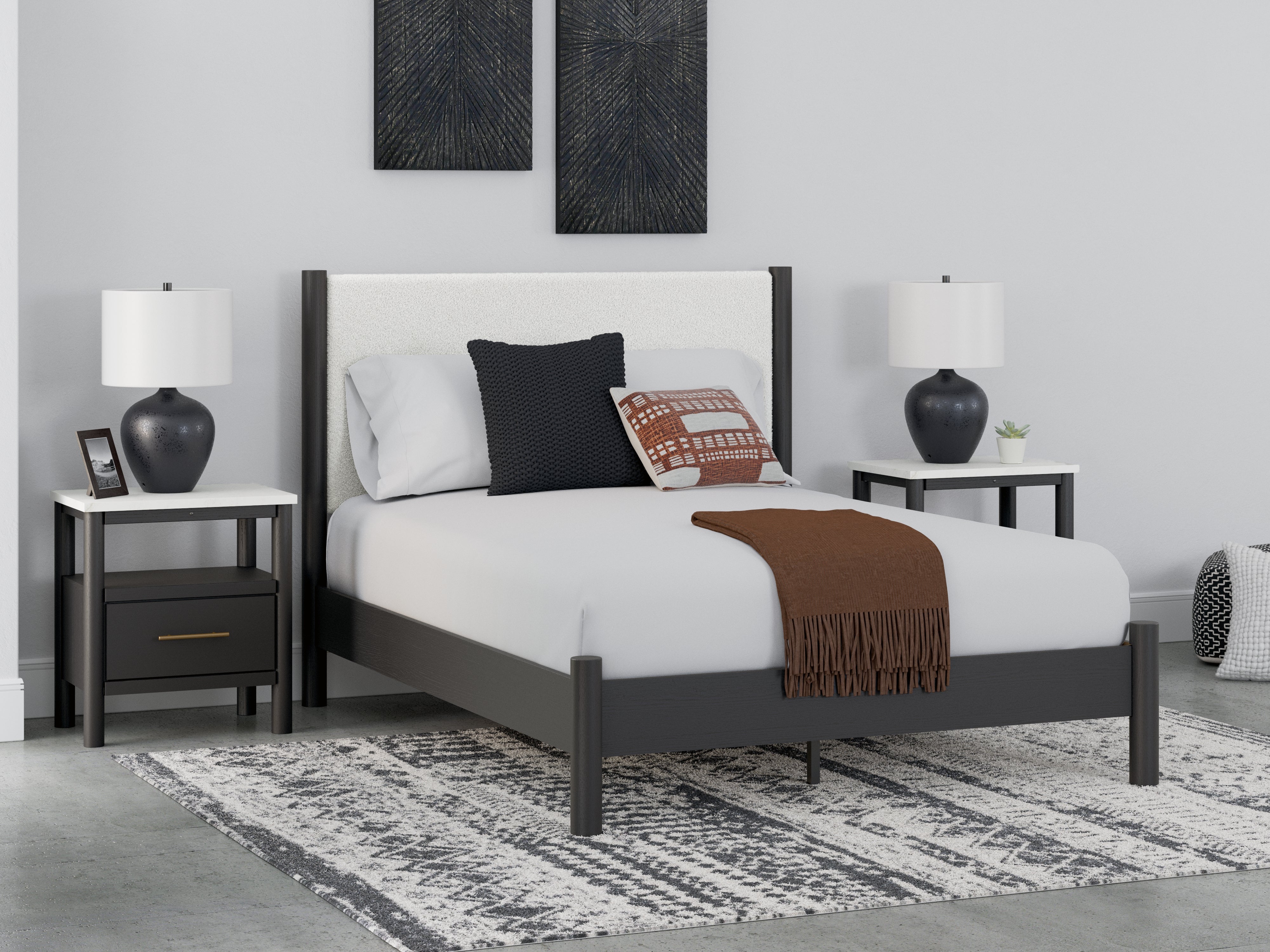 A2Z Furniture - Ashley Furniture - Cadmori Bedroom - Queen Upholstered Panel Bed / Black/White - B2616B2