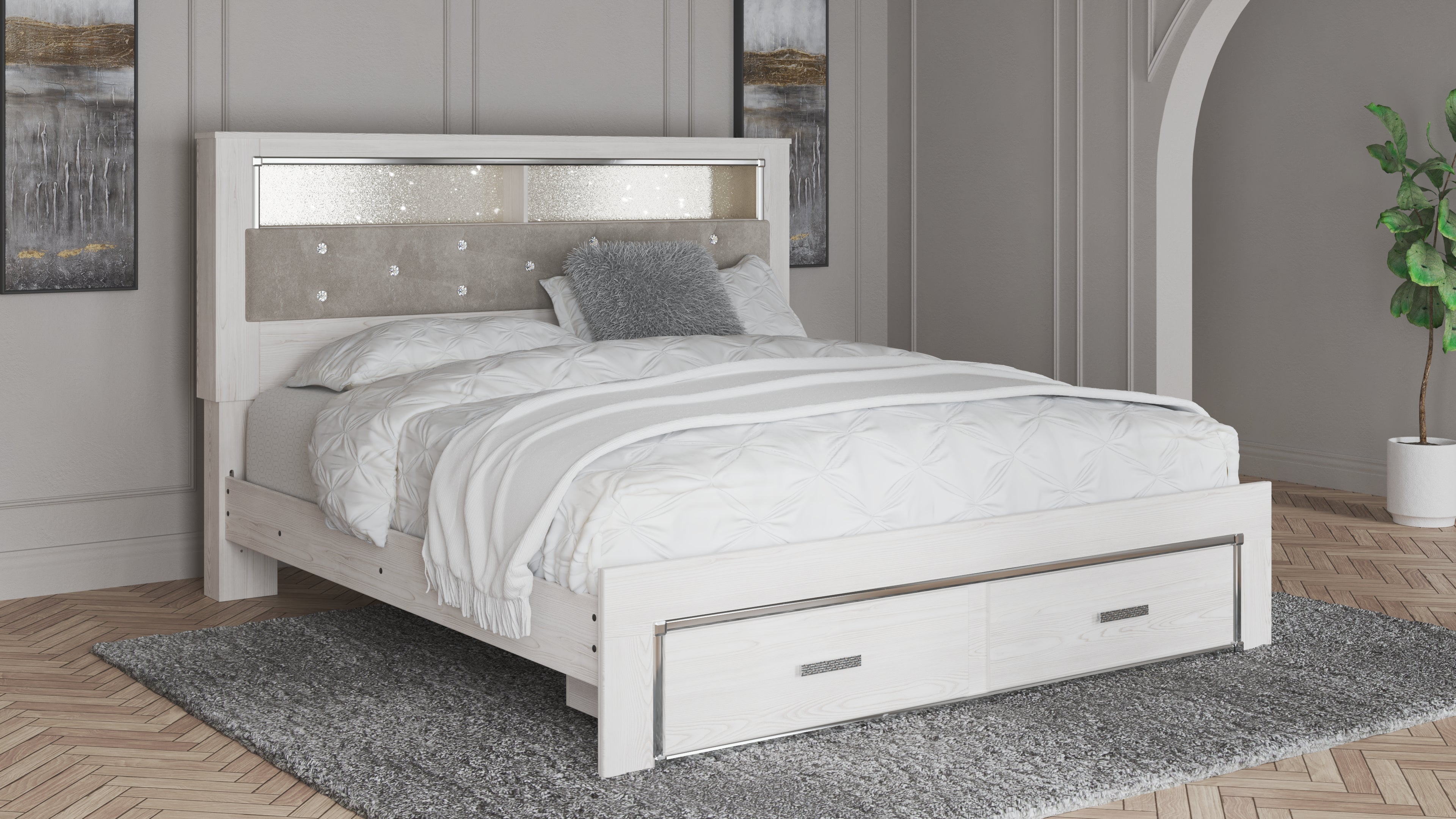 A2Z Furniture - Ashley Furniture - Altyra Bedroom - King Upholstered Bookcase Bed with Storage / White - B2640B30