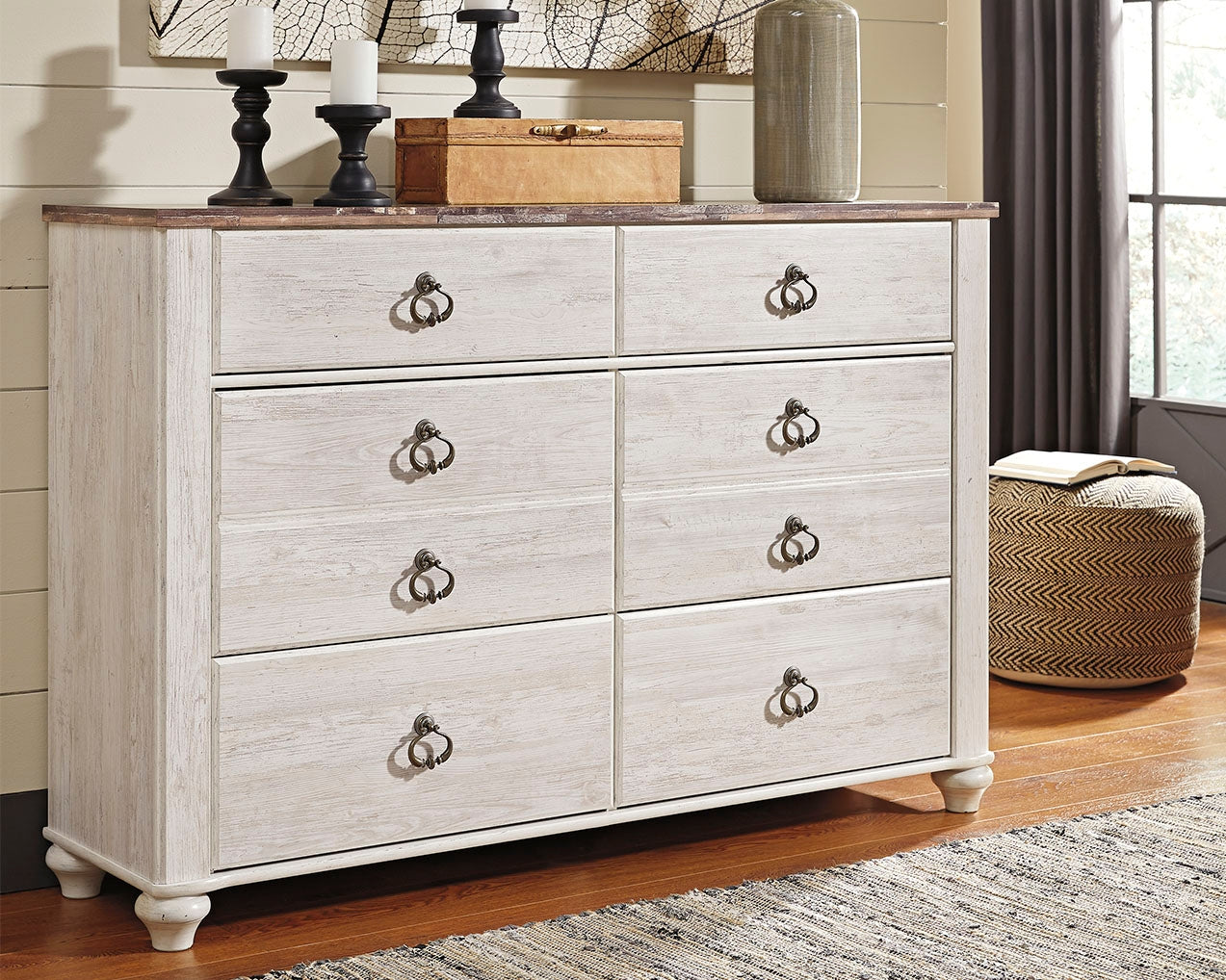 A2Z Furniture - Ashley Furniture - Willowton Bedroom - Six Drawer Dresser / Whitewash - B267-31