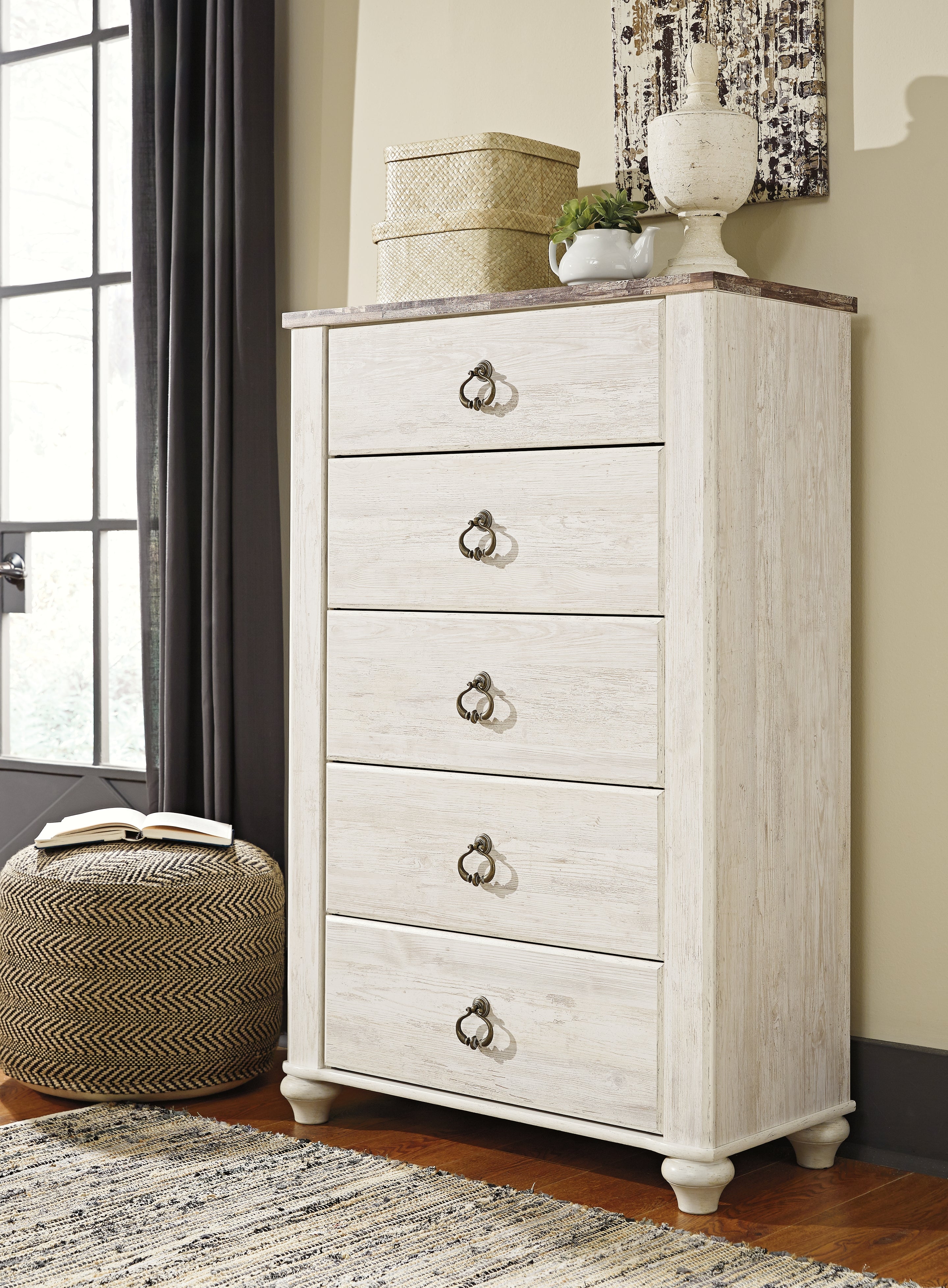 A2Z Furniture - Ashley Furniture - Willowton Bedroom - Five Drawer Chest / Whitewash - B267-46