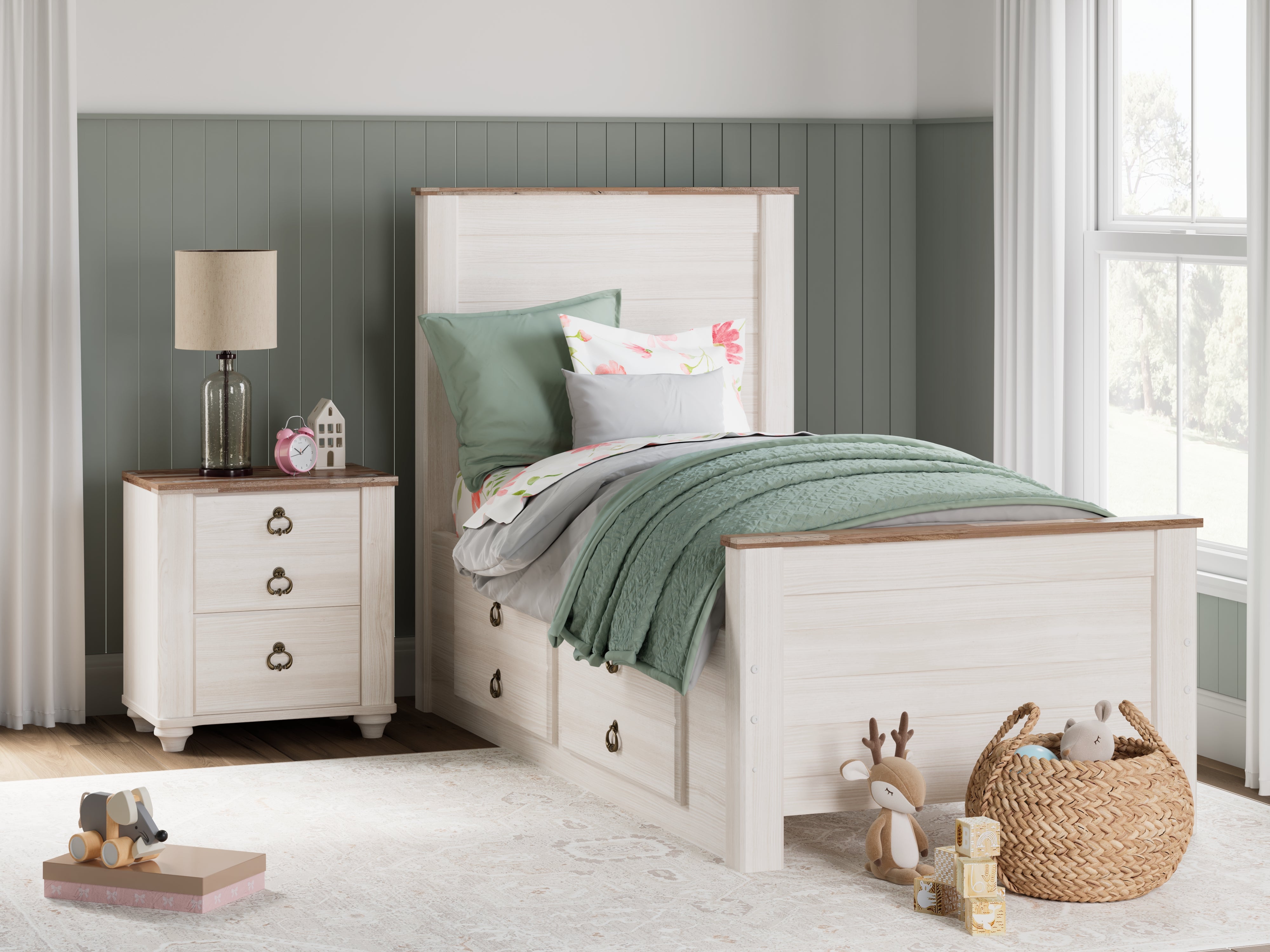 A2Z Furniture - Ashley Furniture - Willowton Bedroom - Twin Panel Bed with 2 Storage Drawers / Whitewash - B267B21