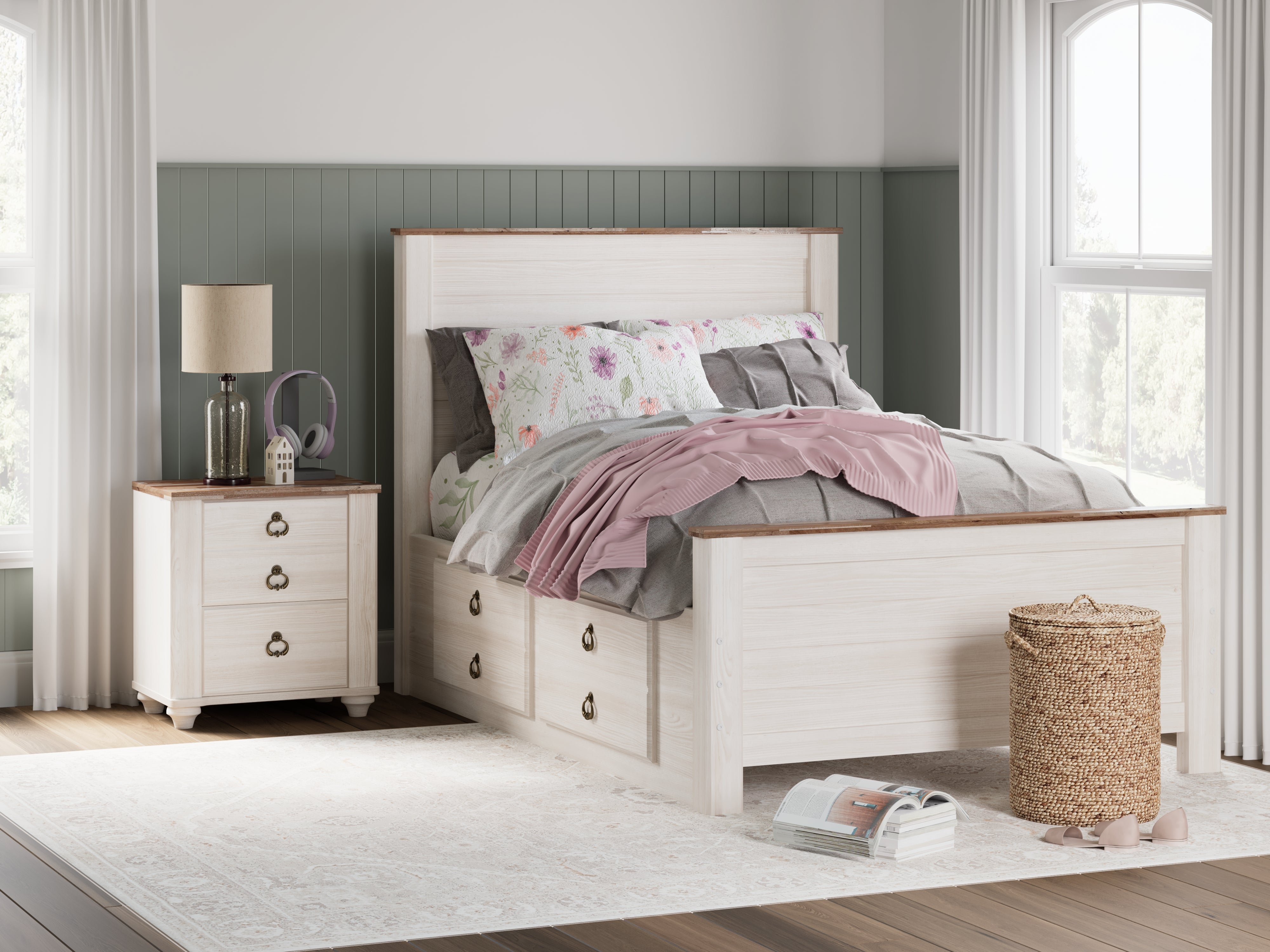 A2Z Furniture - Ashley Furniture - Willowton Bedroom - Full Panel Bed with 2 Storage Drawers / Whitewash - B267B22