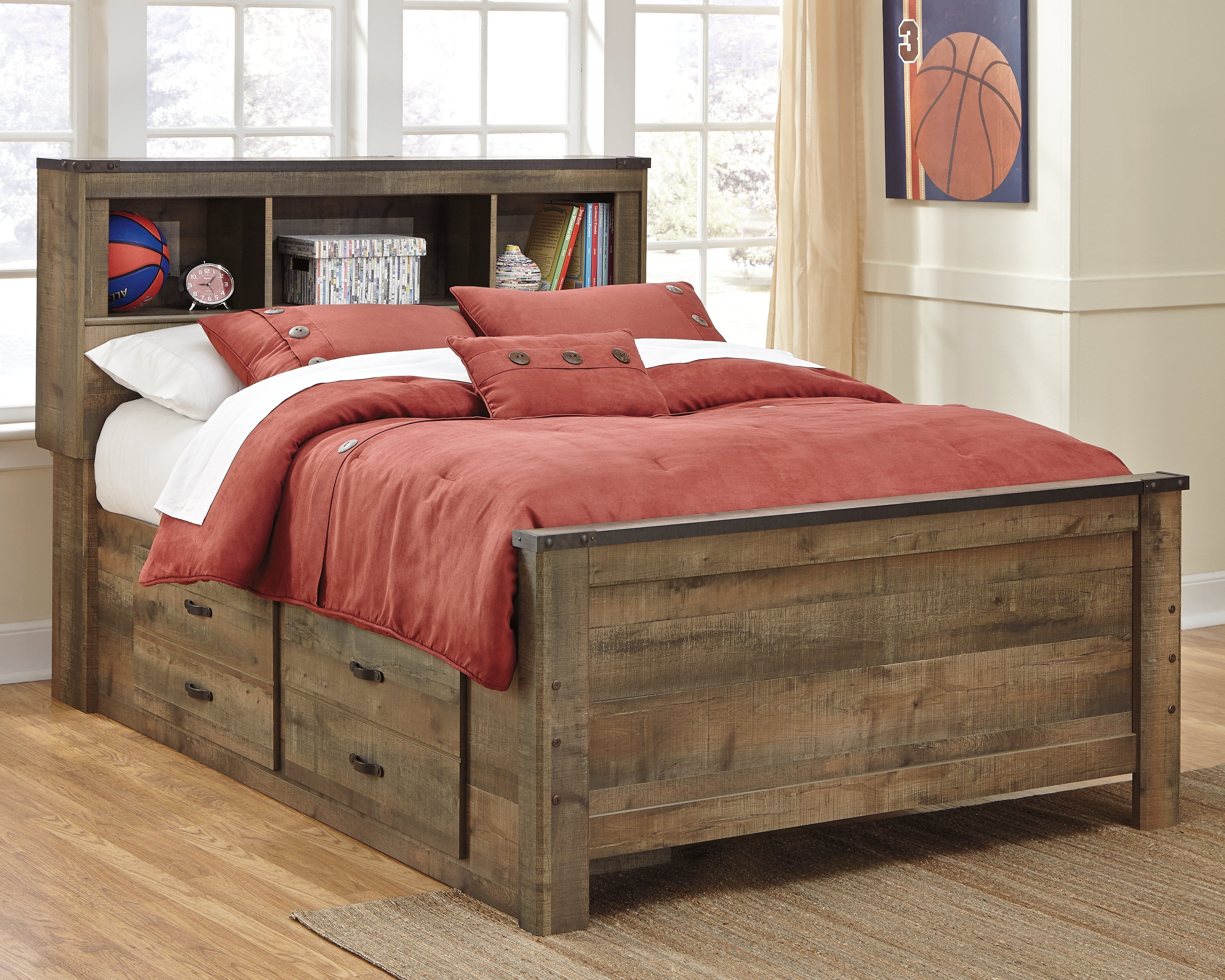 A2Z Furniture - Ashley Furniture - Trinell Bedroom - Full Bookcase Bed with 2 Sided Storage / Brown - B446B79
