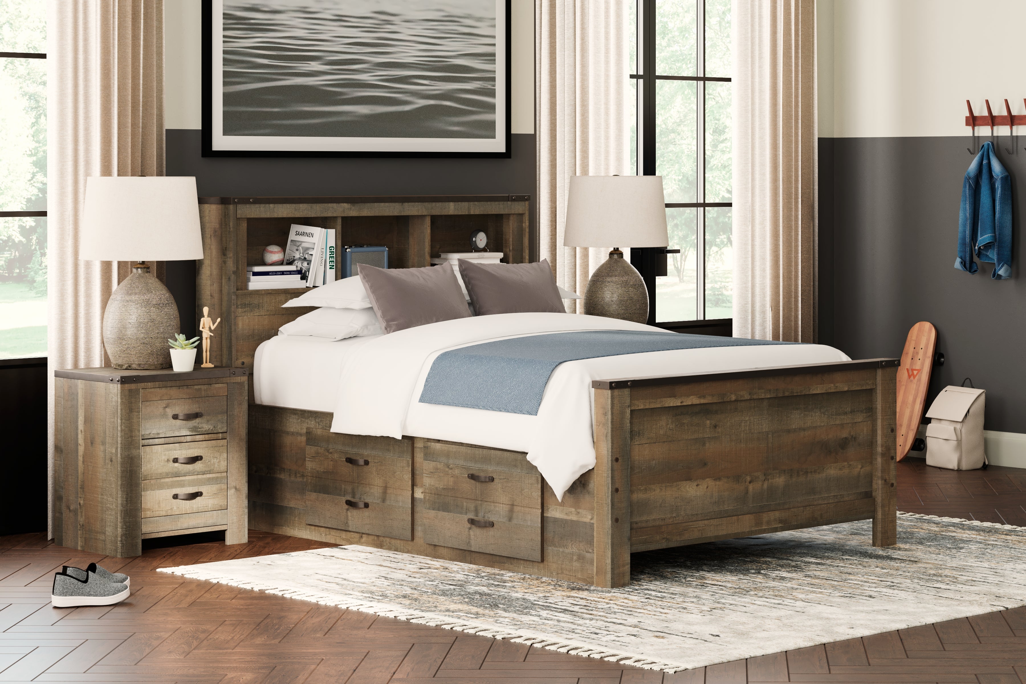 A2Z Furniture - Ashley Furniture - Trinell Bedroom - Full Bookcase Bed with 2 Storage Drawers / Brown - B446B16