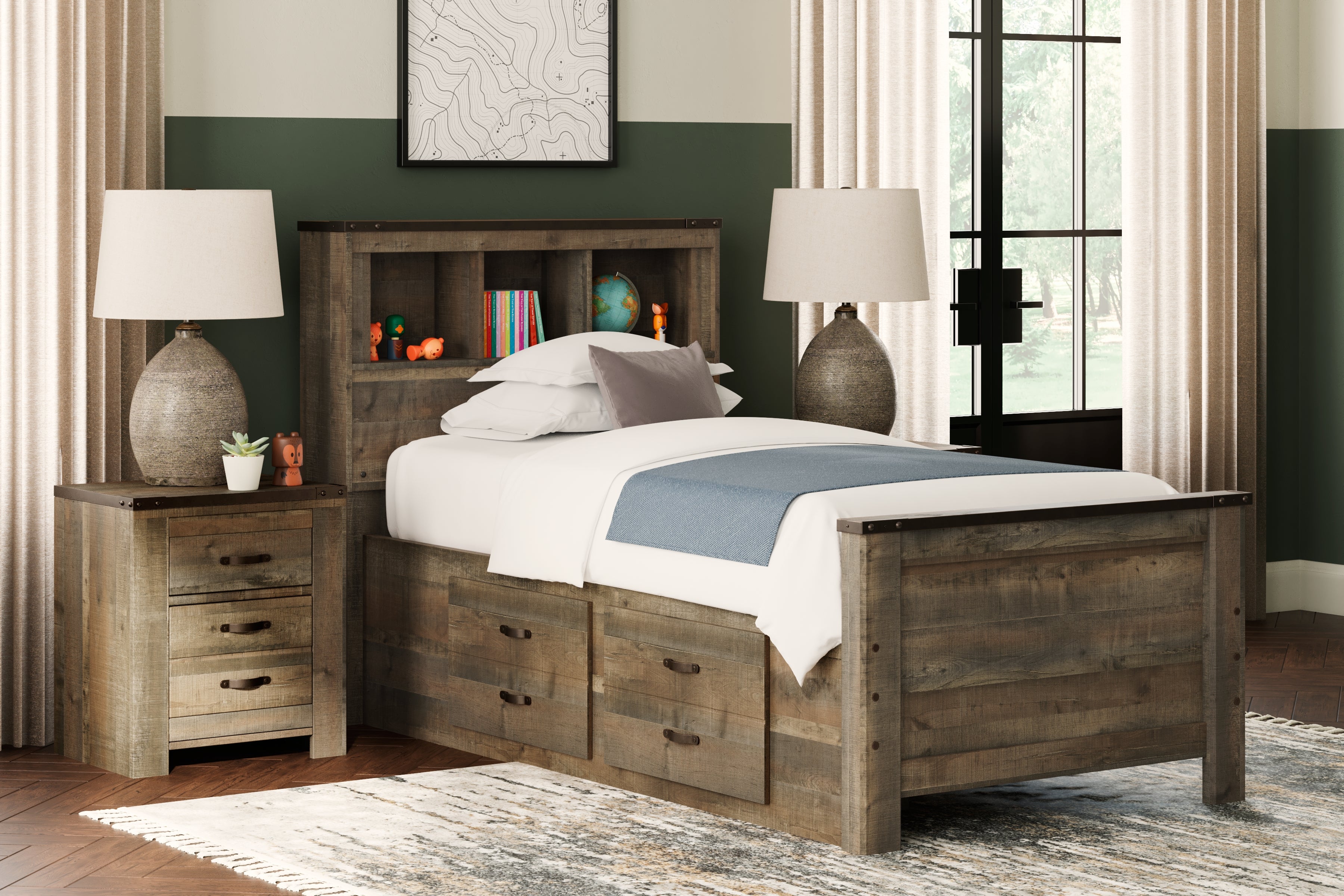 A2Z Furniture - Ashley Furniture - Trinell Bedroom - Twin Bookcase Bed with 2 Storage Drawers / Brown - B446B17