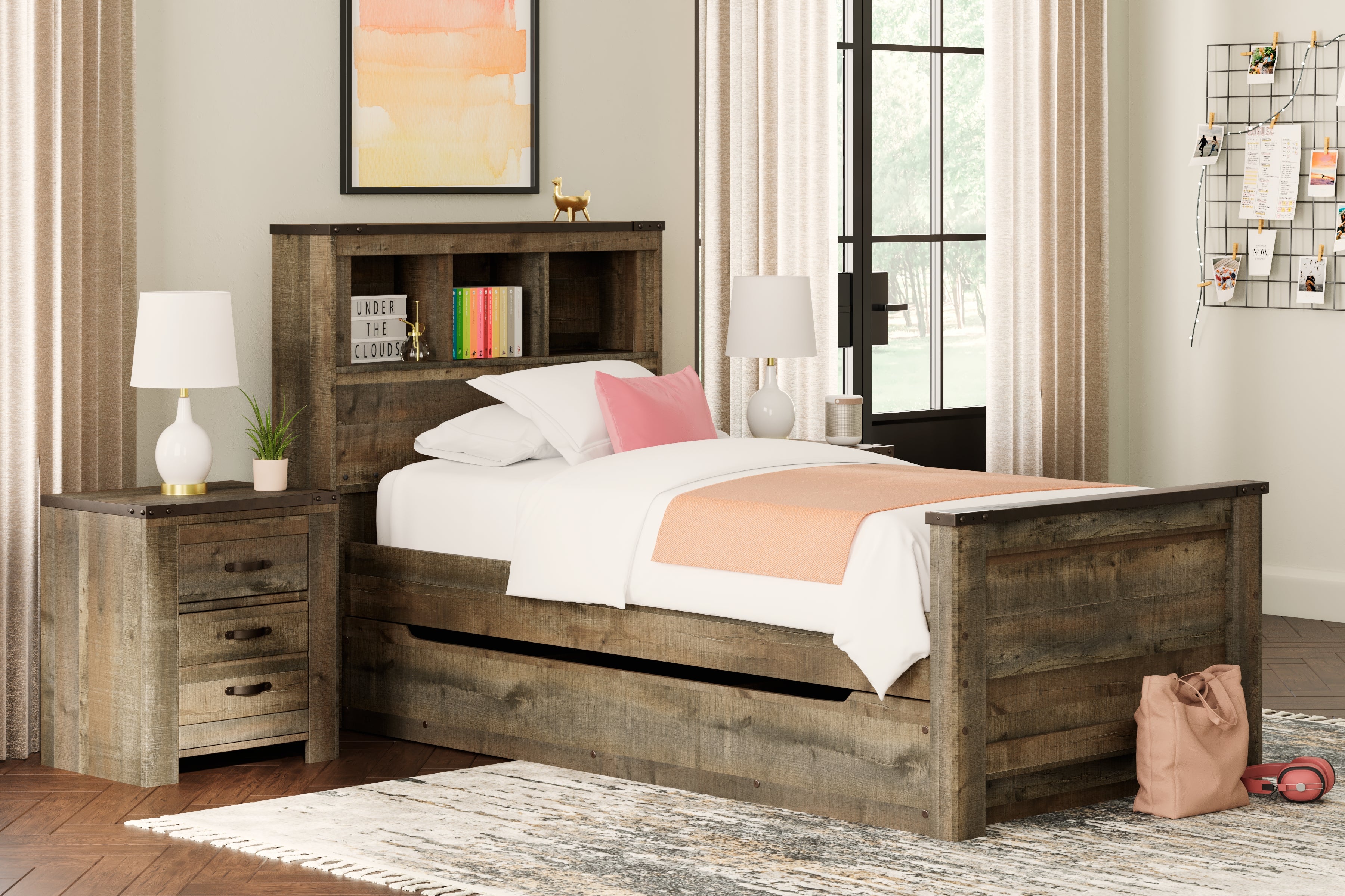A2Z Furniture - Ashley Furniture - Trinell Bedroom - Twin Bookcase Bed with 1 Large Storage Drawer / Brown - B446B22