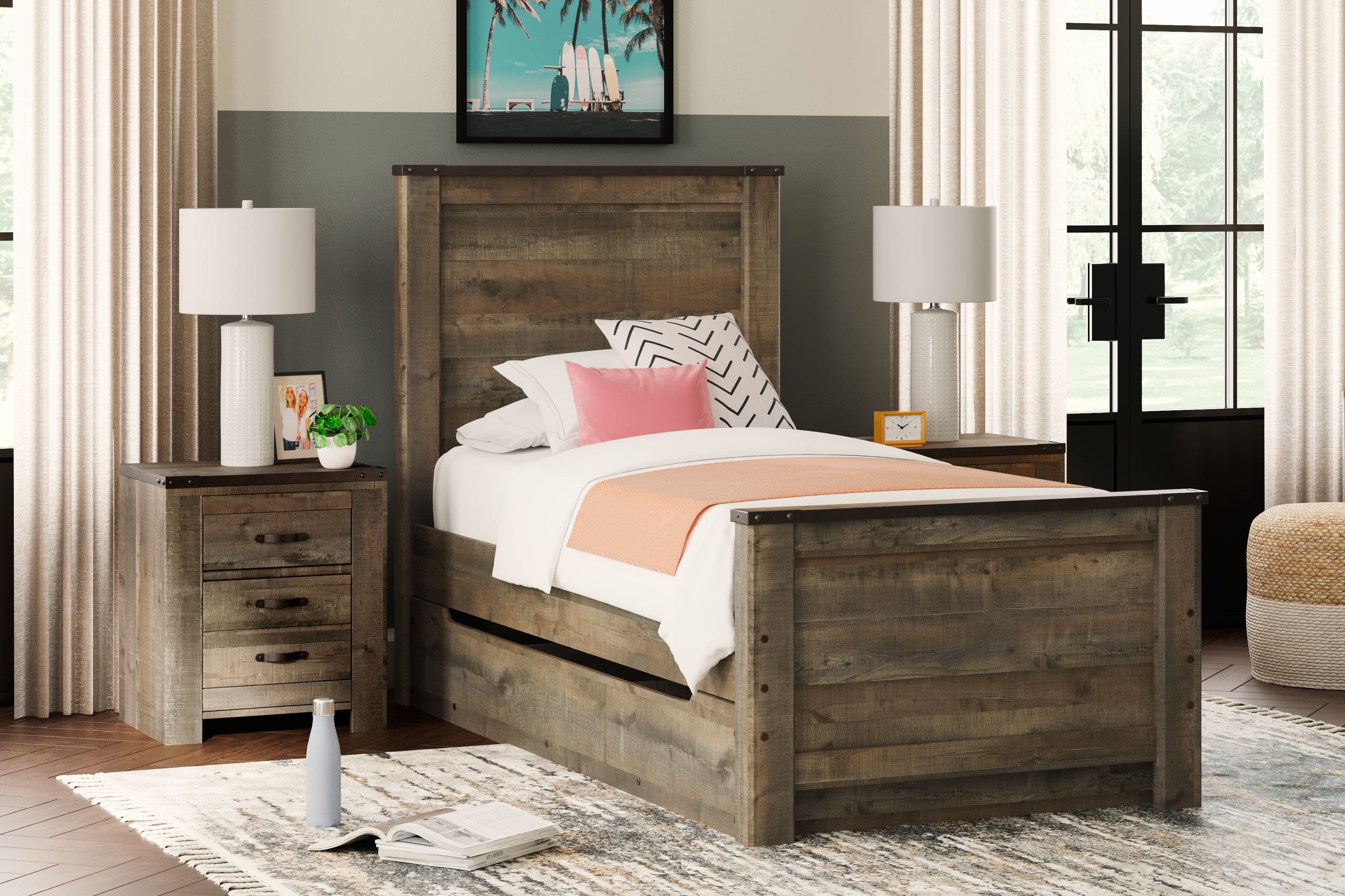 A2Z Furniture - Ashley Furniture - Trinell Bedroom - Twin Panel Bed with 1 Large Storage Drawer / Brown - B446B8