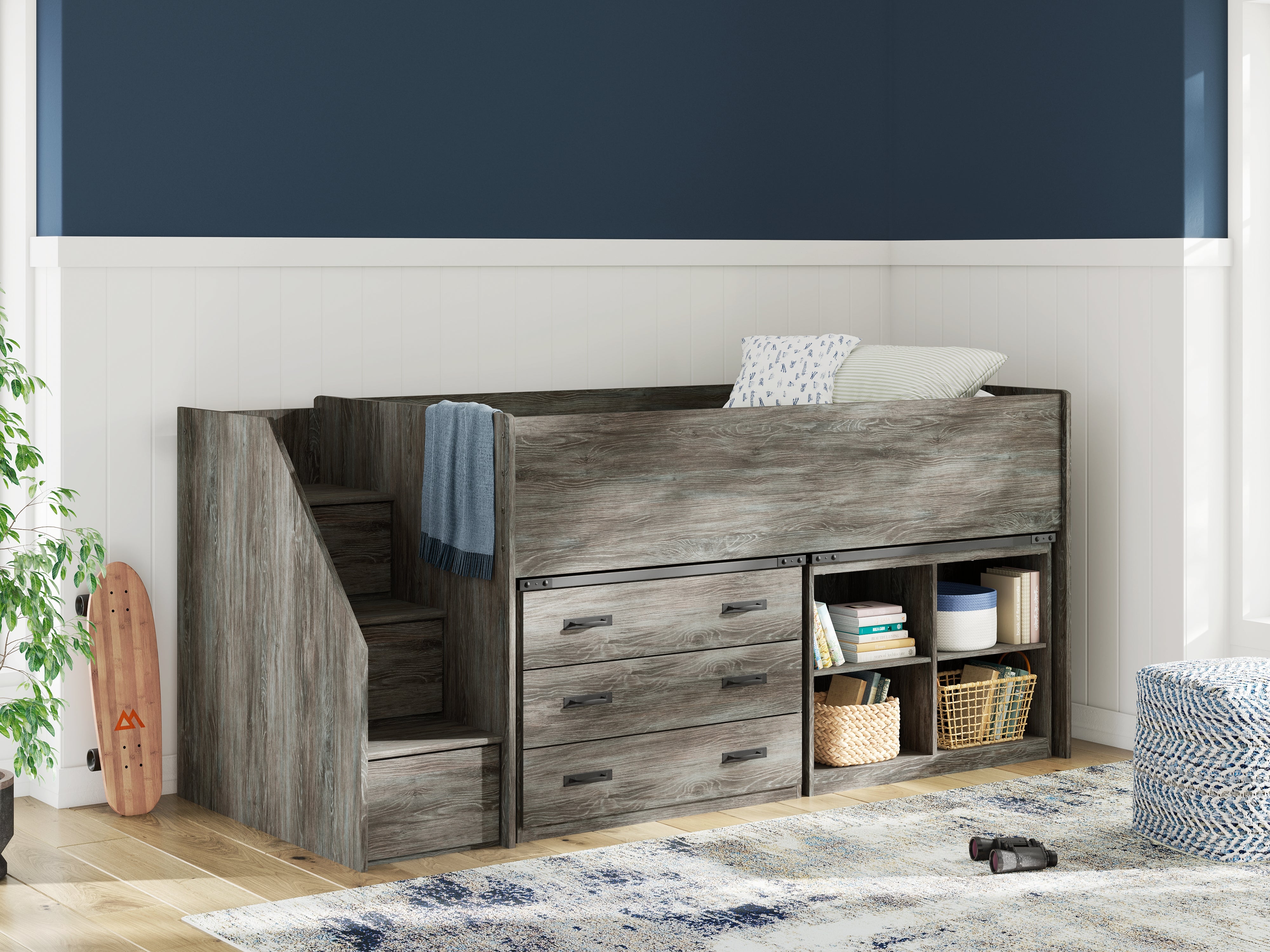 A2Z Furniture - Ashley Furniture - Frandern Bedroom - Twin Loft  Bed with Bookcase and Drawer Storage / Gray - B4480B16