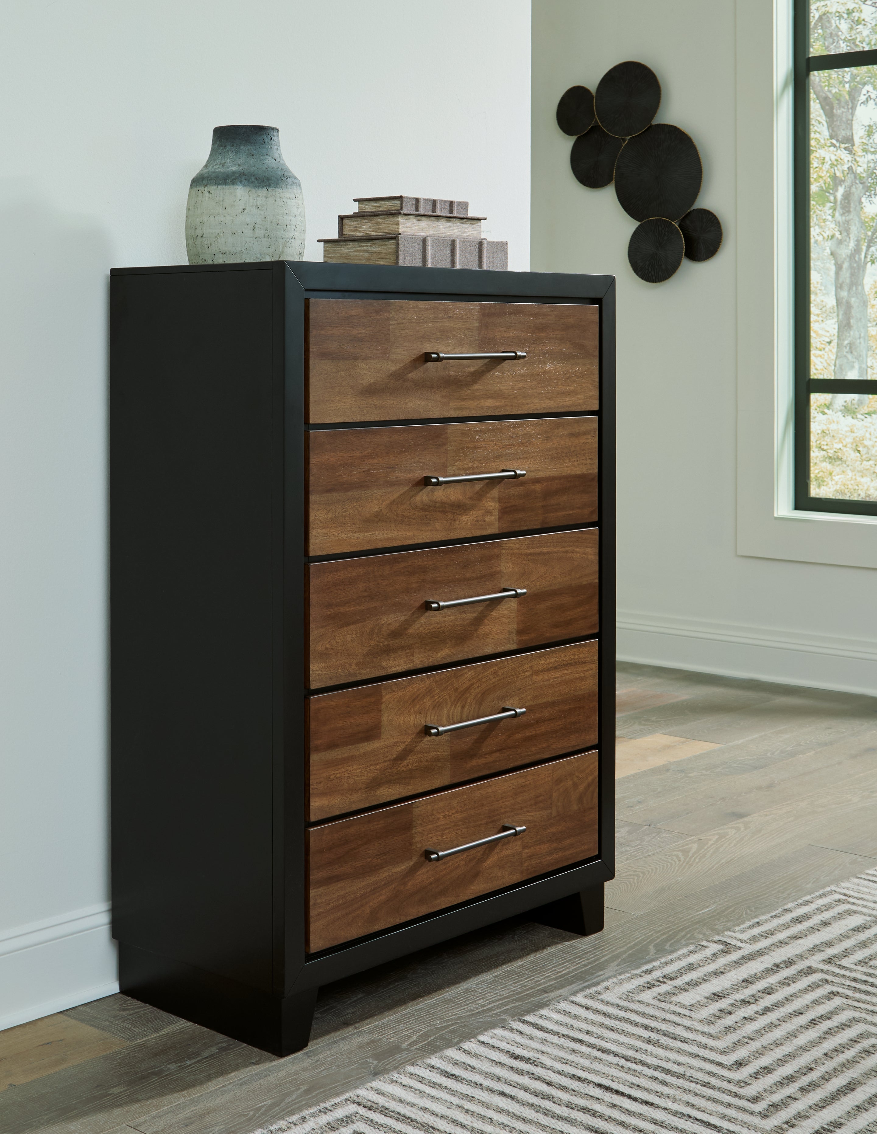 A2Z Furniture - Ashley Furniture - Kraeburn Bedroom - Five Drawer Chest / Brown/Black - B496-46