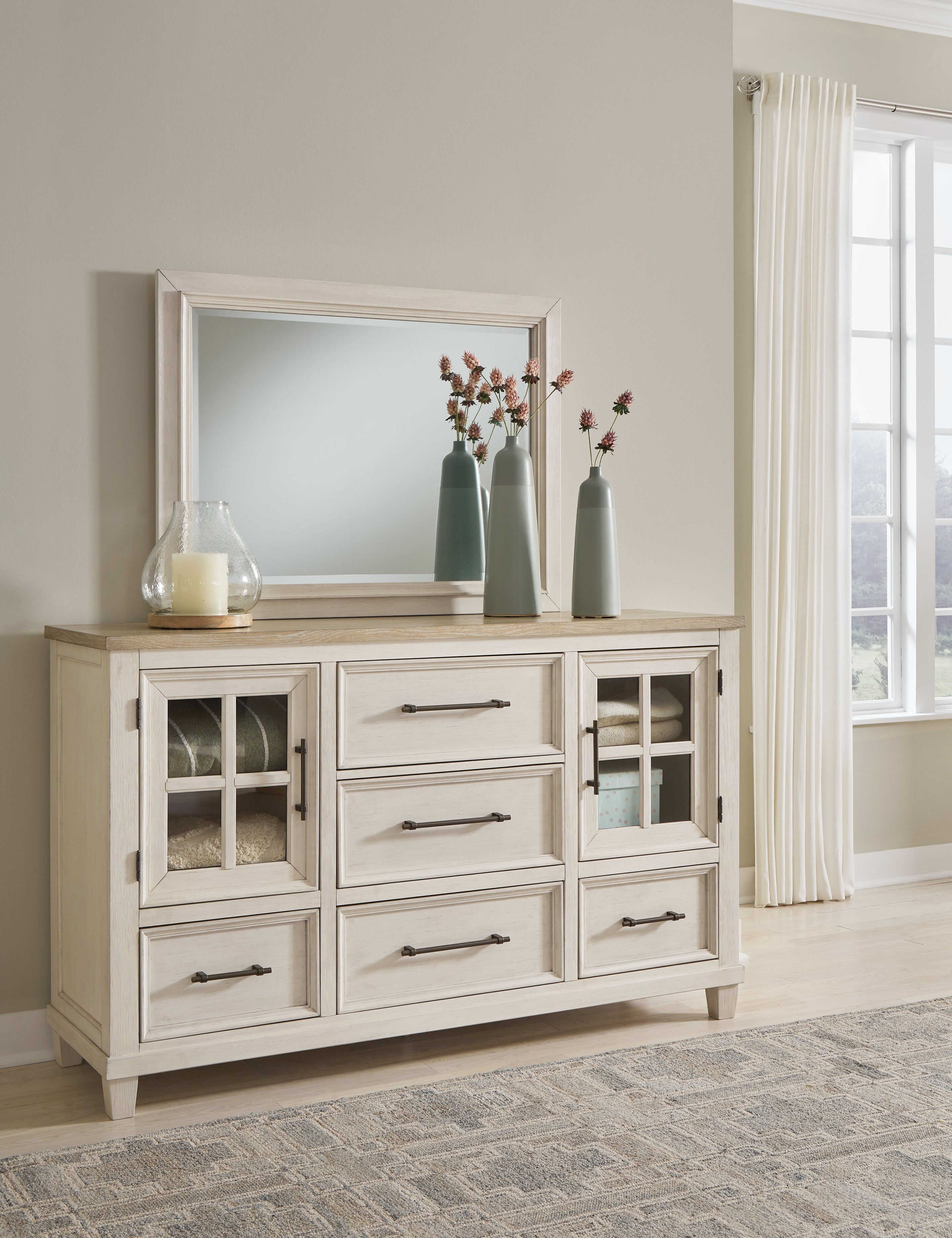 A2Z Furniture - Ashley Furniture - Shaybrock Bedroom - Dresser and Mirror / Antique White/Brown - B683B1