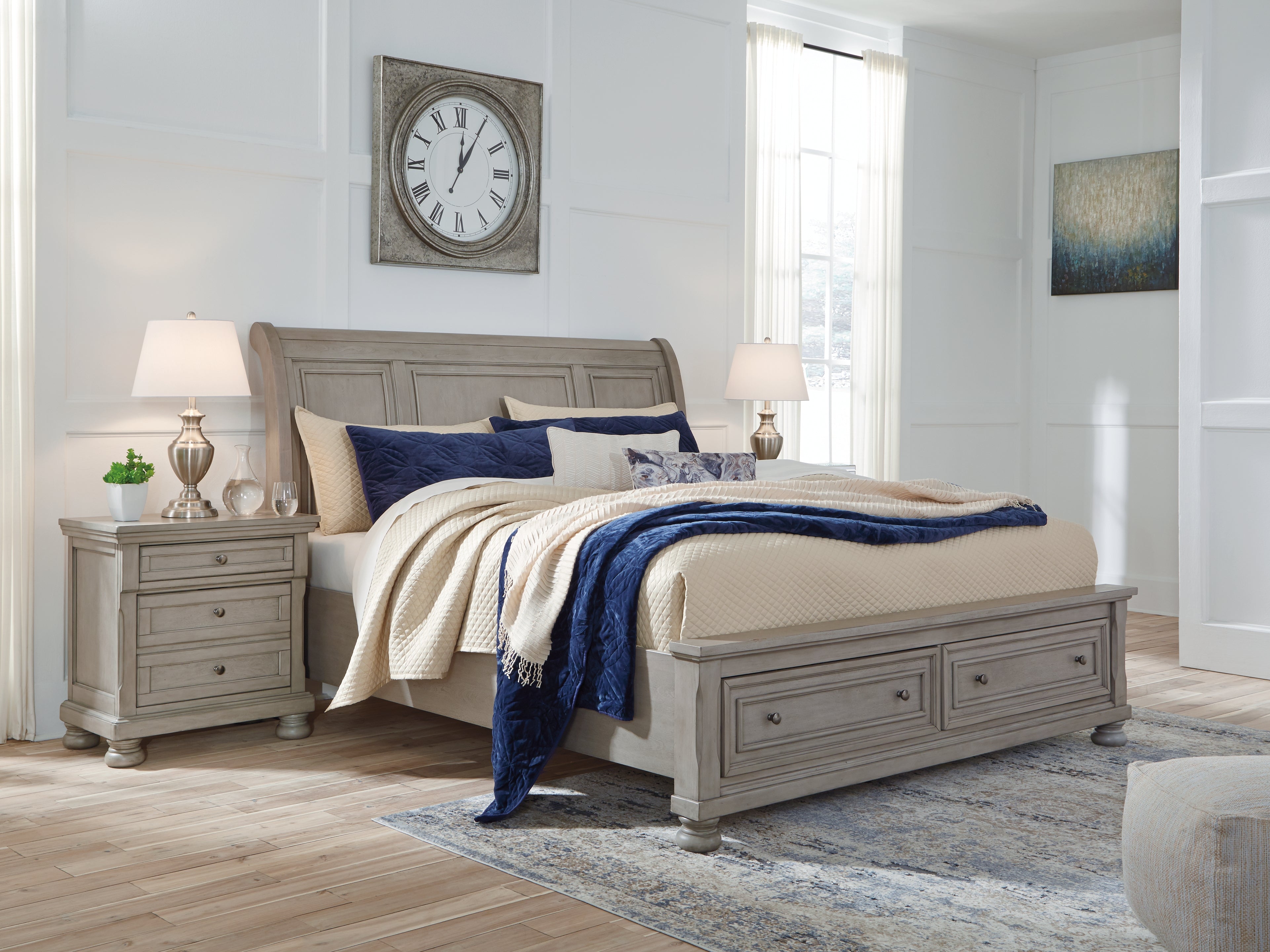 A2Z Furniture - Ashley Furniture - Lettner Bedroom - Queen Sleigh Bed with 2 Storage Drawers / Light Gray - B733B3
