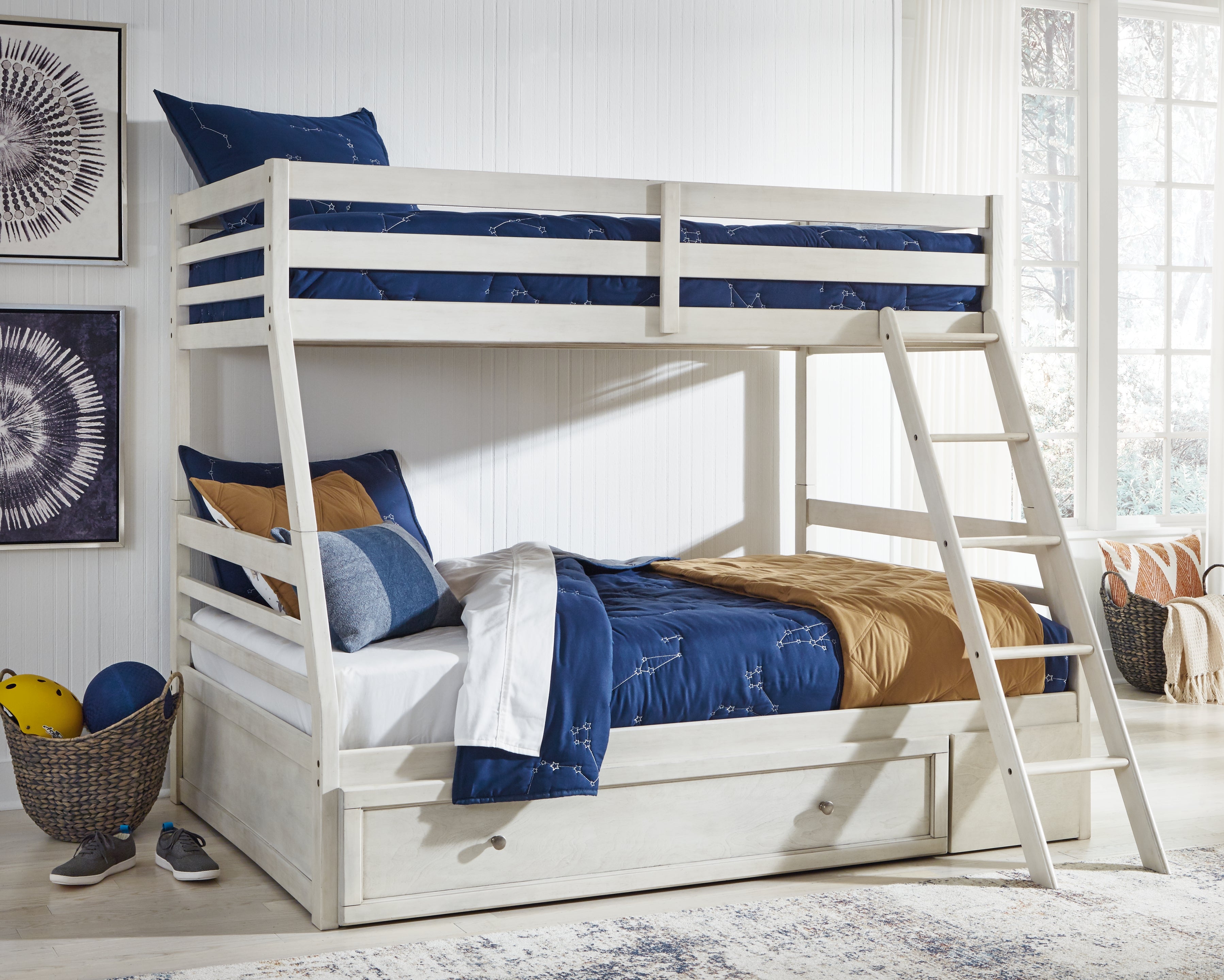 A2Z Furniture - Ashley Furniture - Robbinsdale Bedroom - Twin over Full Bunk Bed with Storage / Antique White - B742B16