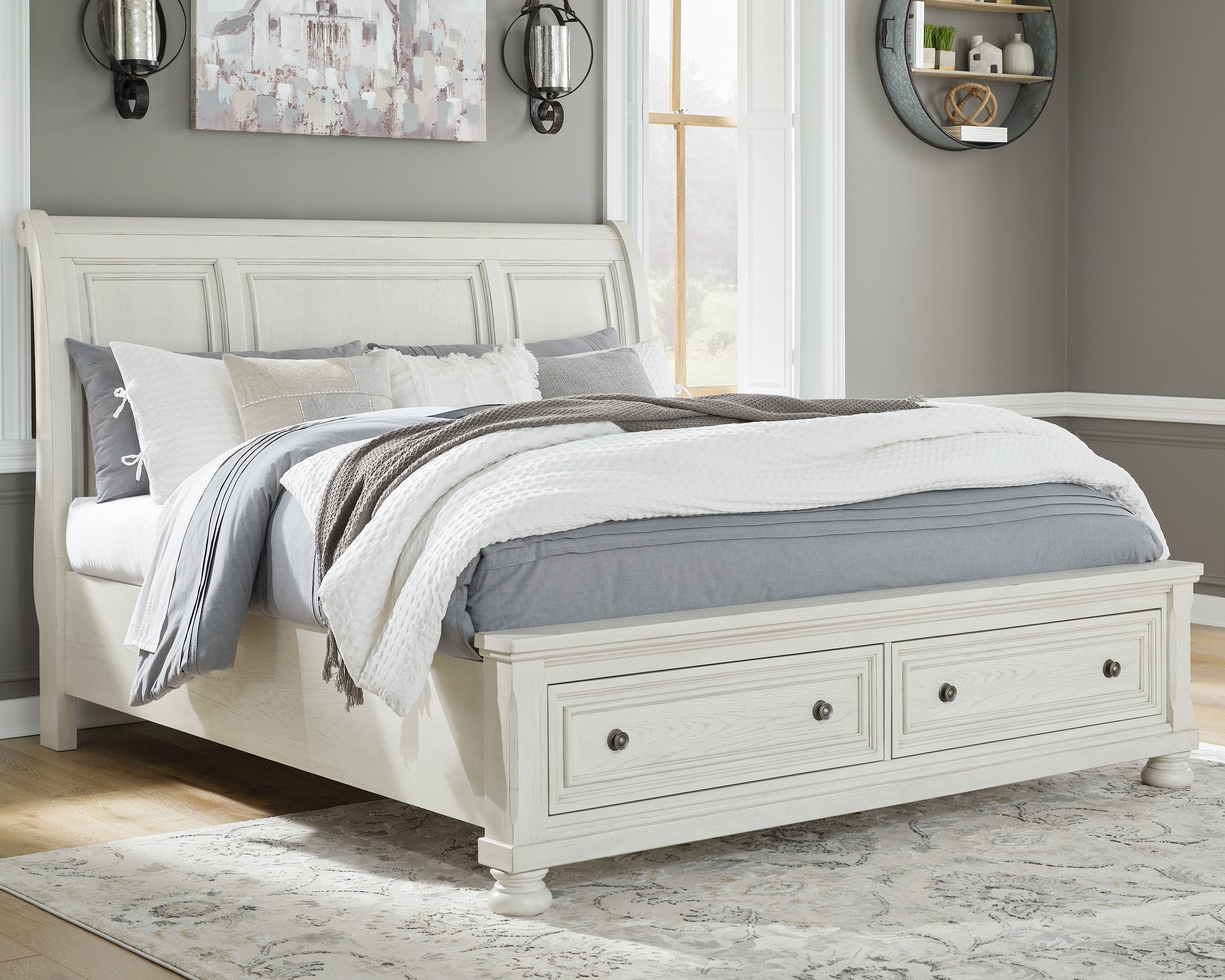 A2Z Furniture - Ashley Furniture - Robbinsdale Bedroom - Queen Sleigh Bed with Storage / Antique White - B742B3