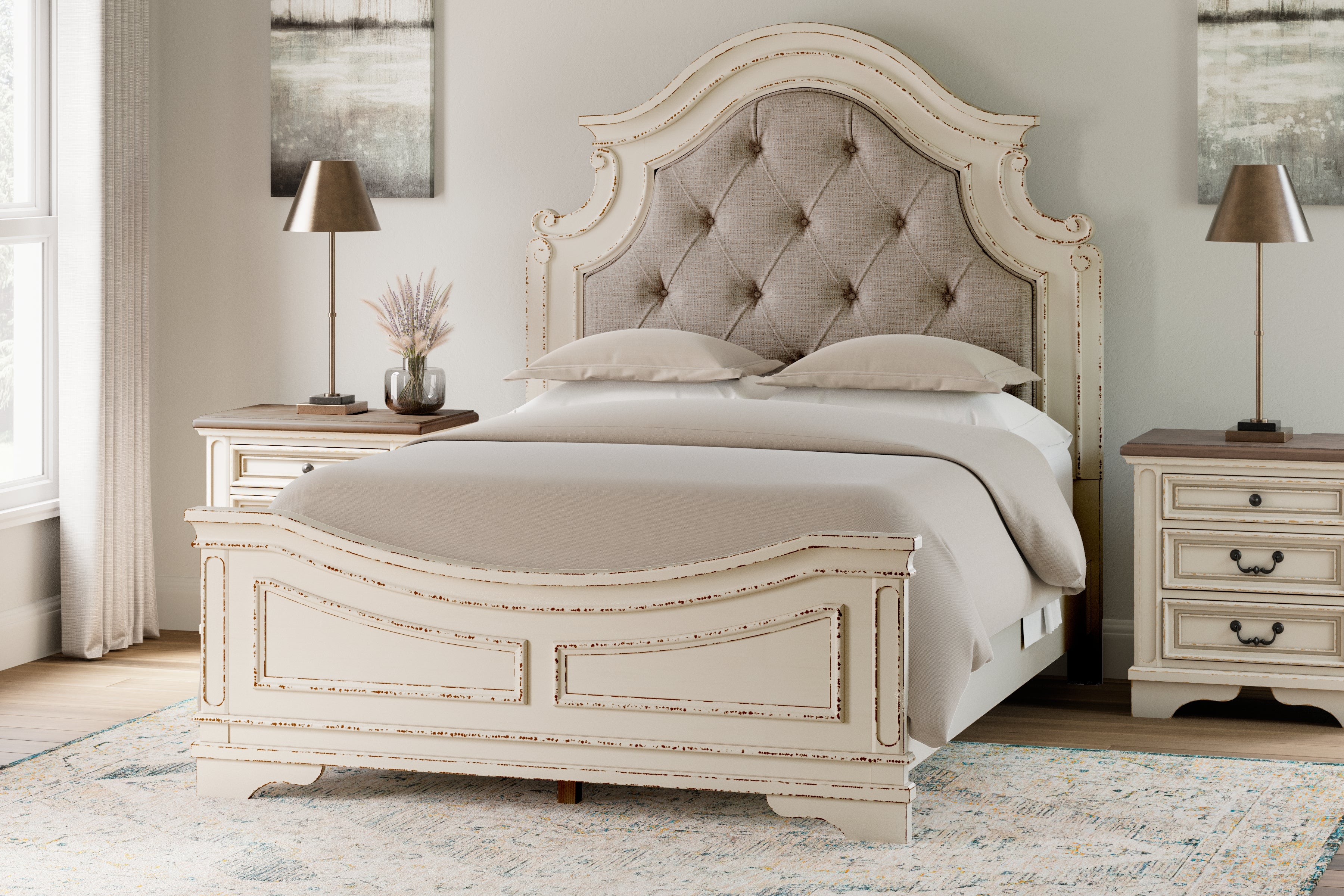 A2Z Furniture - Ashley Furniture - Realyn Bedroom - Queen Upholstered Panel Bed / Chipped White - B743B2