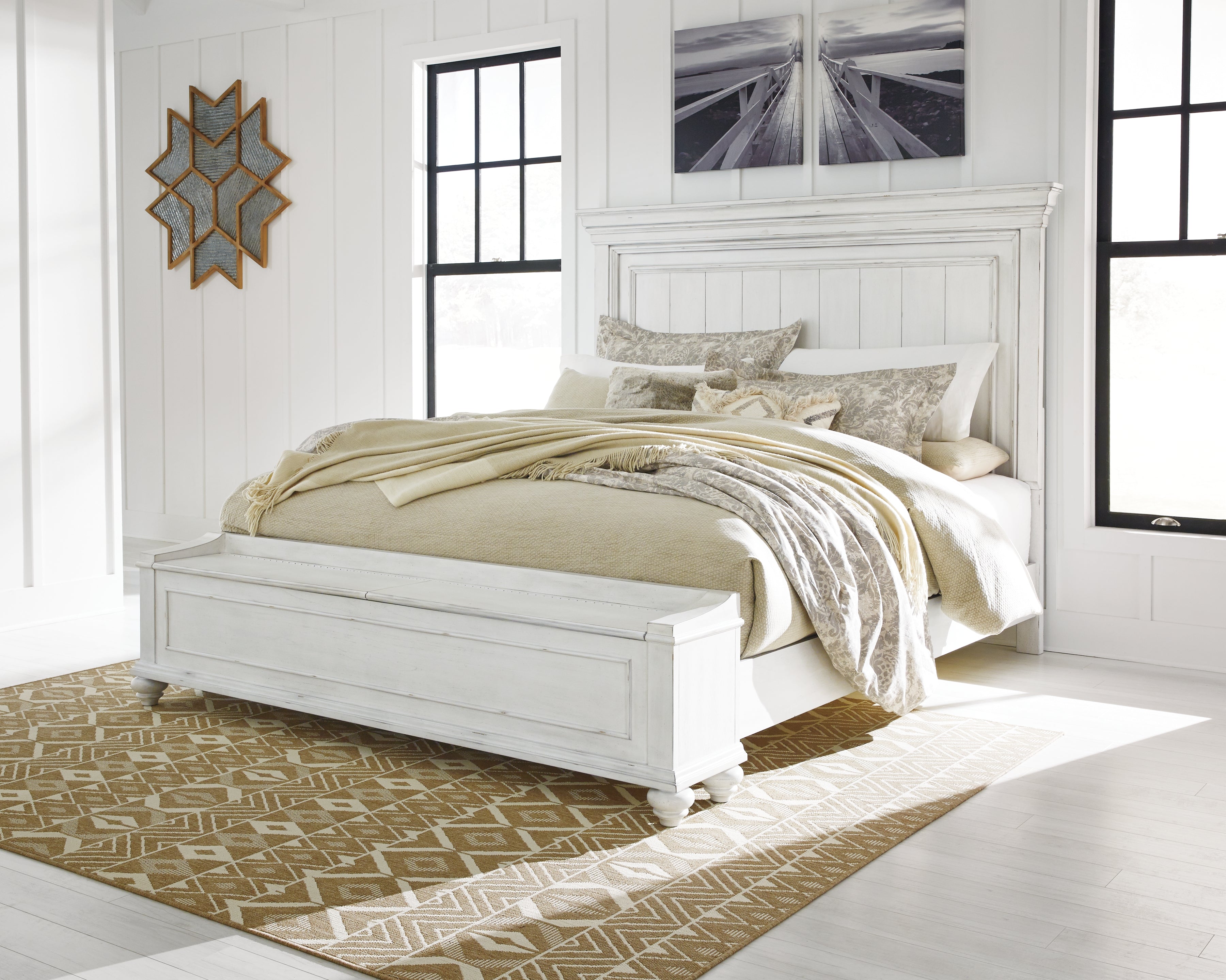 A2Z Furniture - Ashley Furniture - Kanwyn Bedroom - Queen Panel Bed with Storage Bench / Whitewash - B777B6