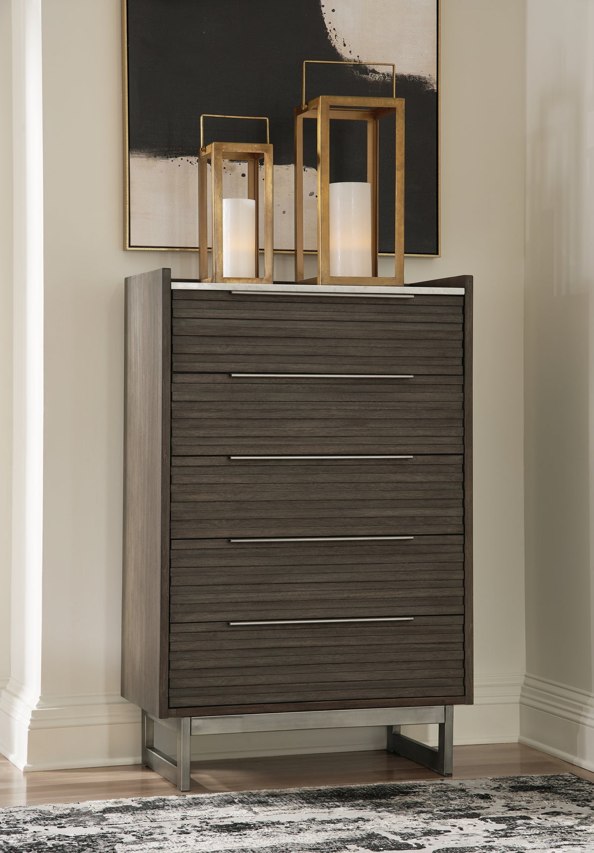 A2Z Furniture - Ashley Furniture - Arkenton Bedroom - Five Drawer Chest / Grayish Brown/White - B786-46