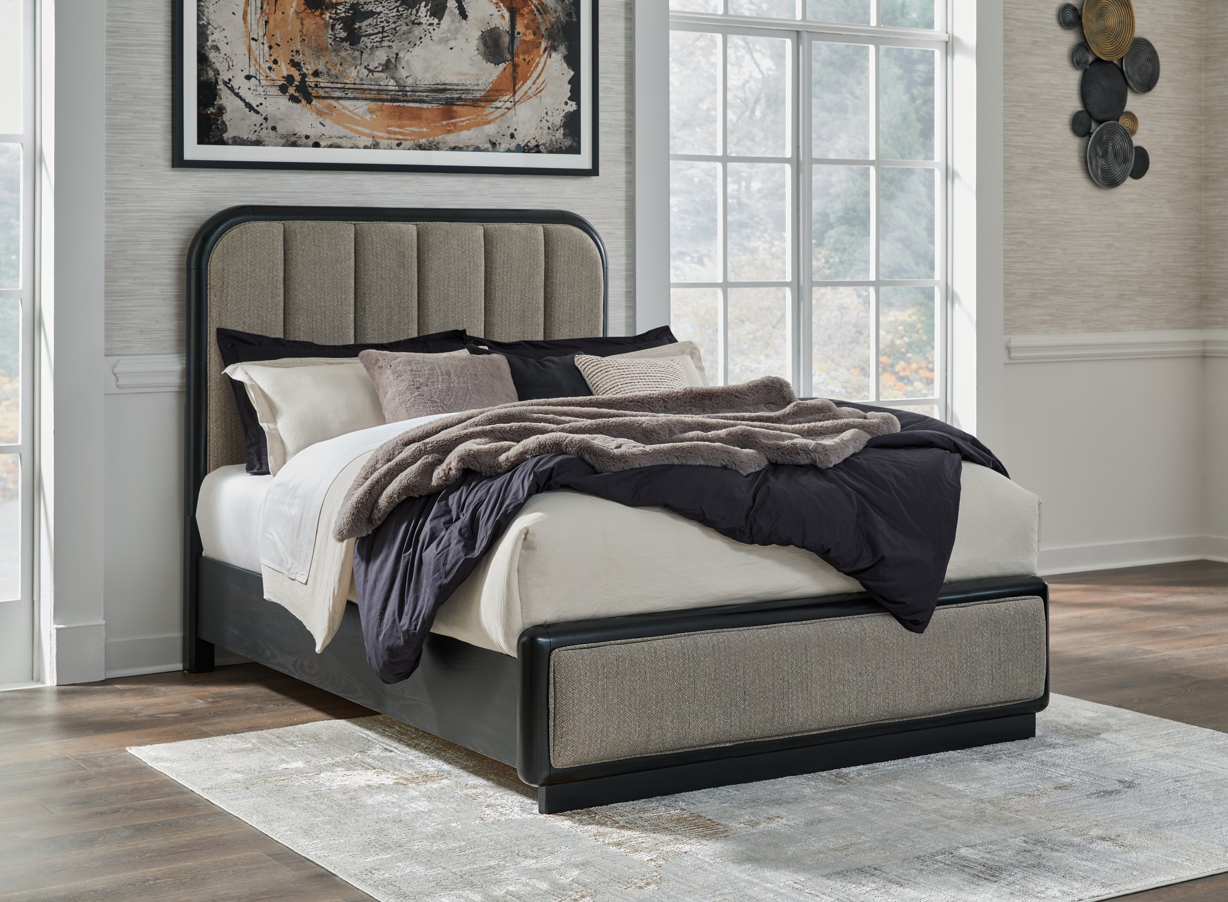 A2Z Furniture - Ashley Furniture - Rowanbeck Bedroom - Queen Upholstered Panel Bed / Gray/Black - B821B2