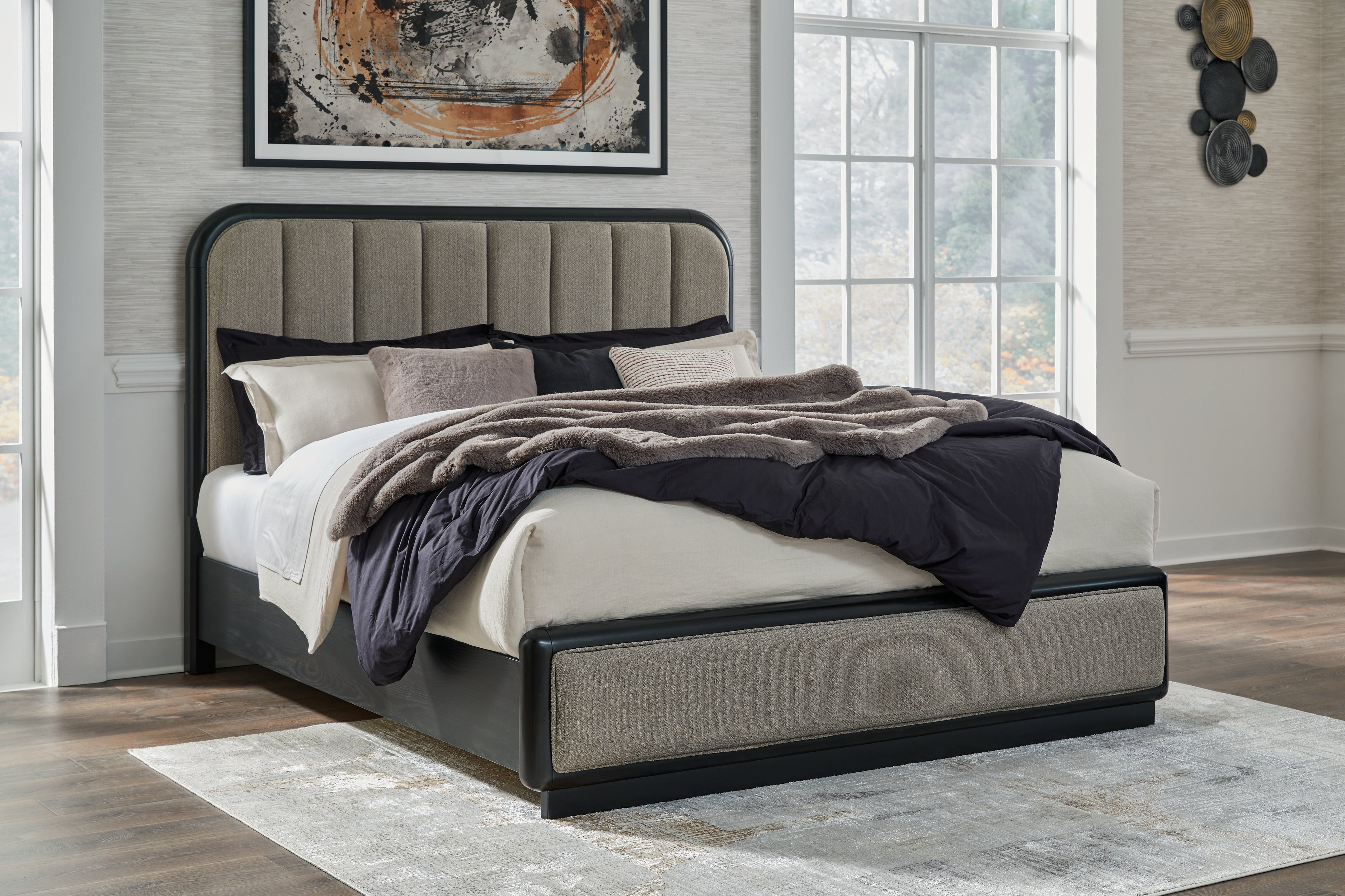 A2Z Furniture - Ashley Furniture - Rowanbeck Bedroom - King Upholstered Panel Bed / Gray/Black - B821B4