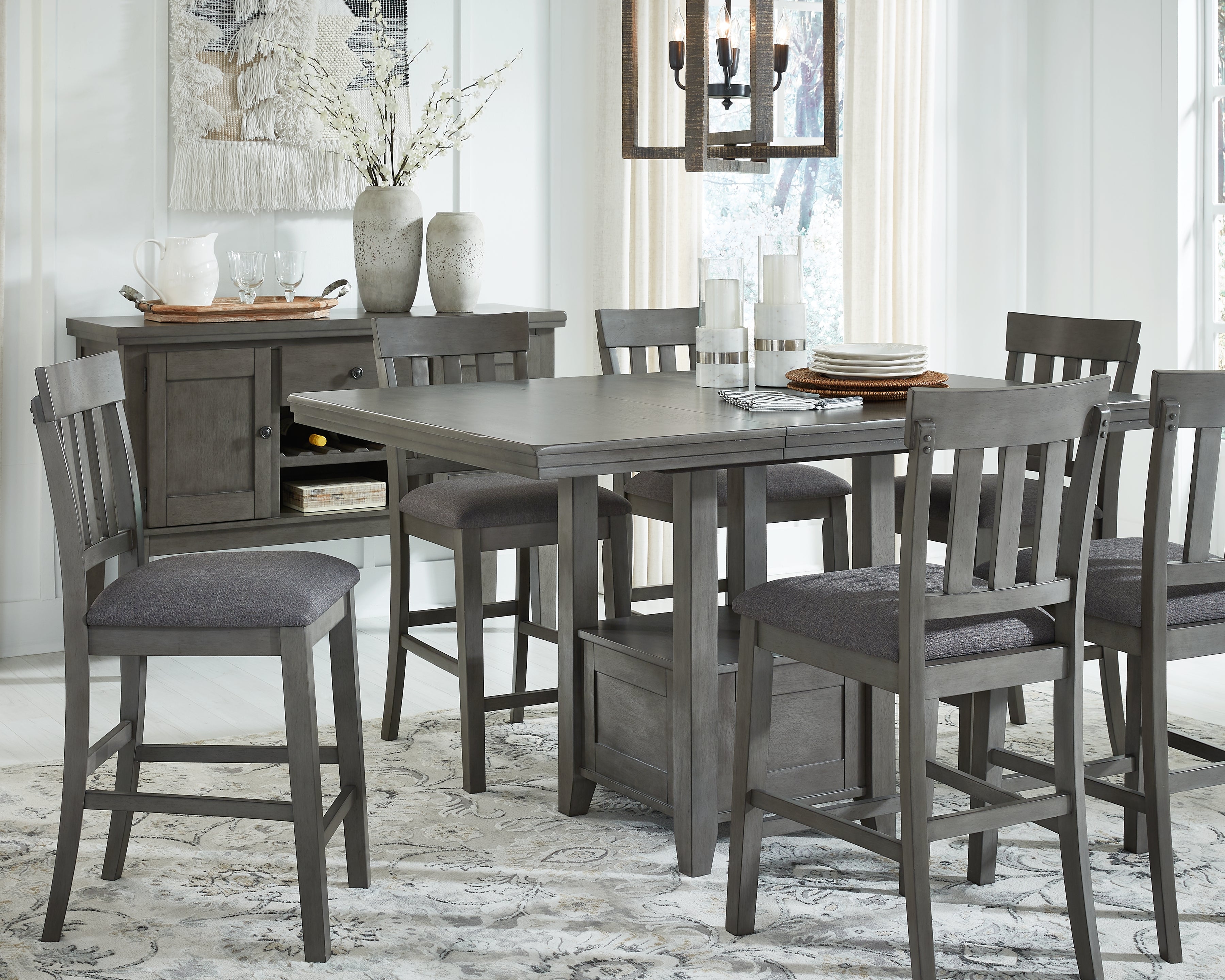 A2Z Furniture - Ashley Furniture - Hallanden Dining Room - RECT DRM Counter EXT Table / Gray - D589-42