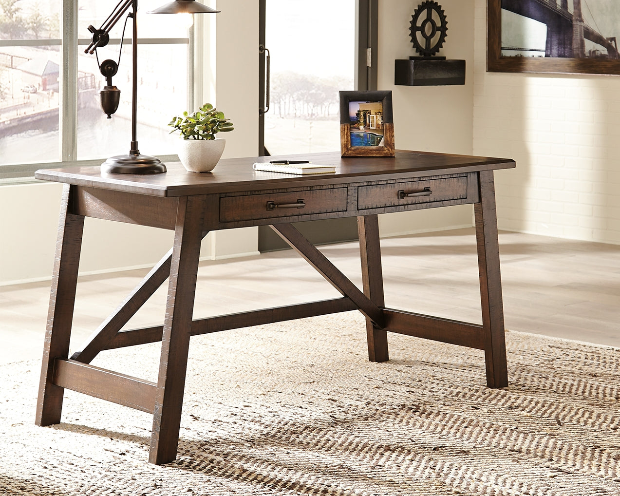 A2Z Furniture - Ashley Furniture - Baldridge Office Desk - Home Office Large Leg Desk / Rustic Brown - H675-44