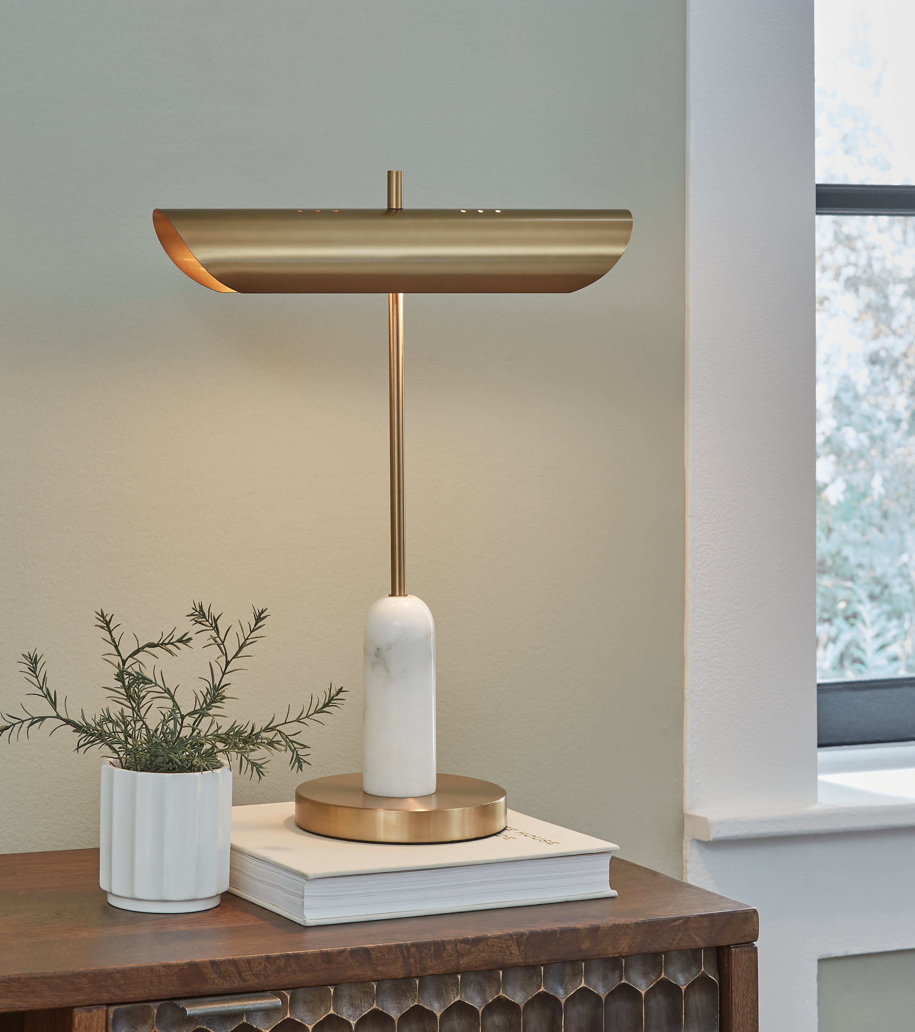 A2Z Furniture - Ashley Furniture - Rowleigh Lighting - Marble Desk Lamp (1/CN) / Gold Finish/White - L734392