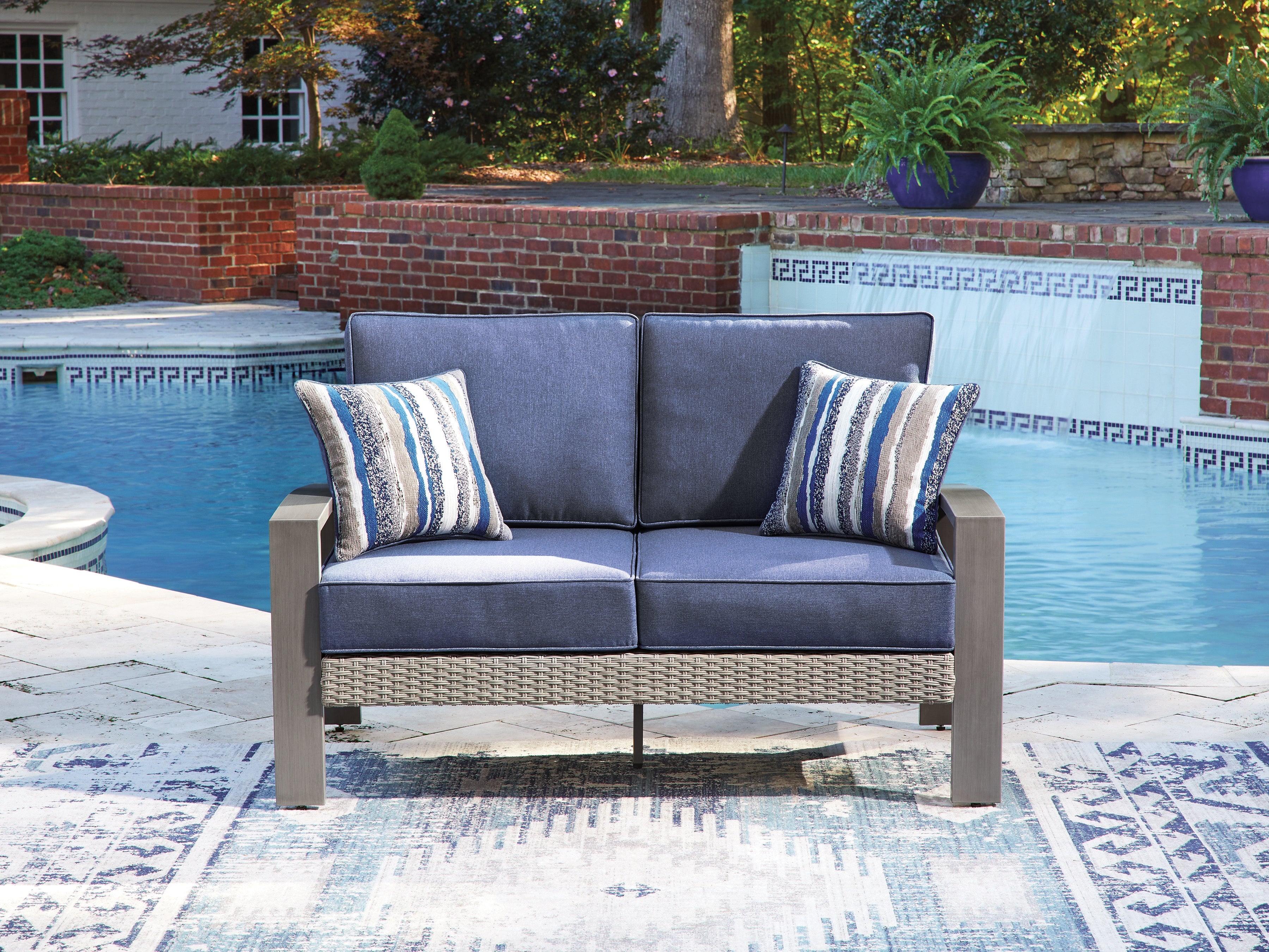 A2Z Furniture - Ashley Furniture - Half Moon Beach Outdoor - Loveseat w/Cushion / Blue/Gray - PCP418-835