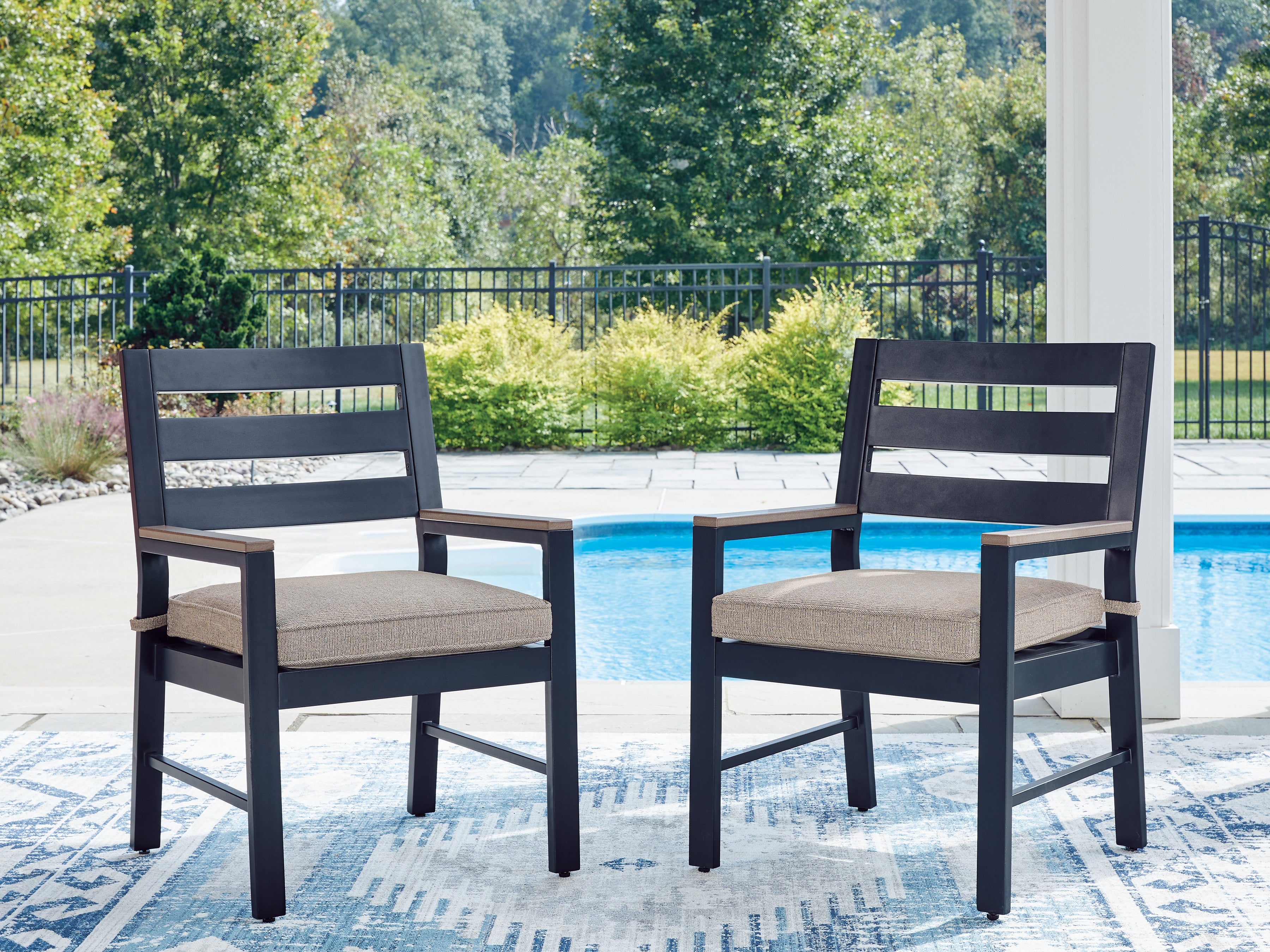 A2Z Furniture - Ashley Furniture - East Beach Outdoor - Arm Chair With Cushion (Set of 2) / Navy Blue/Driftwood - PCP587-601A